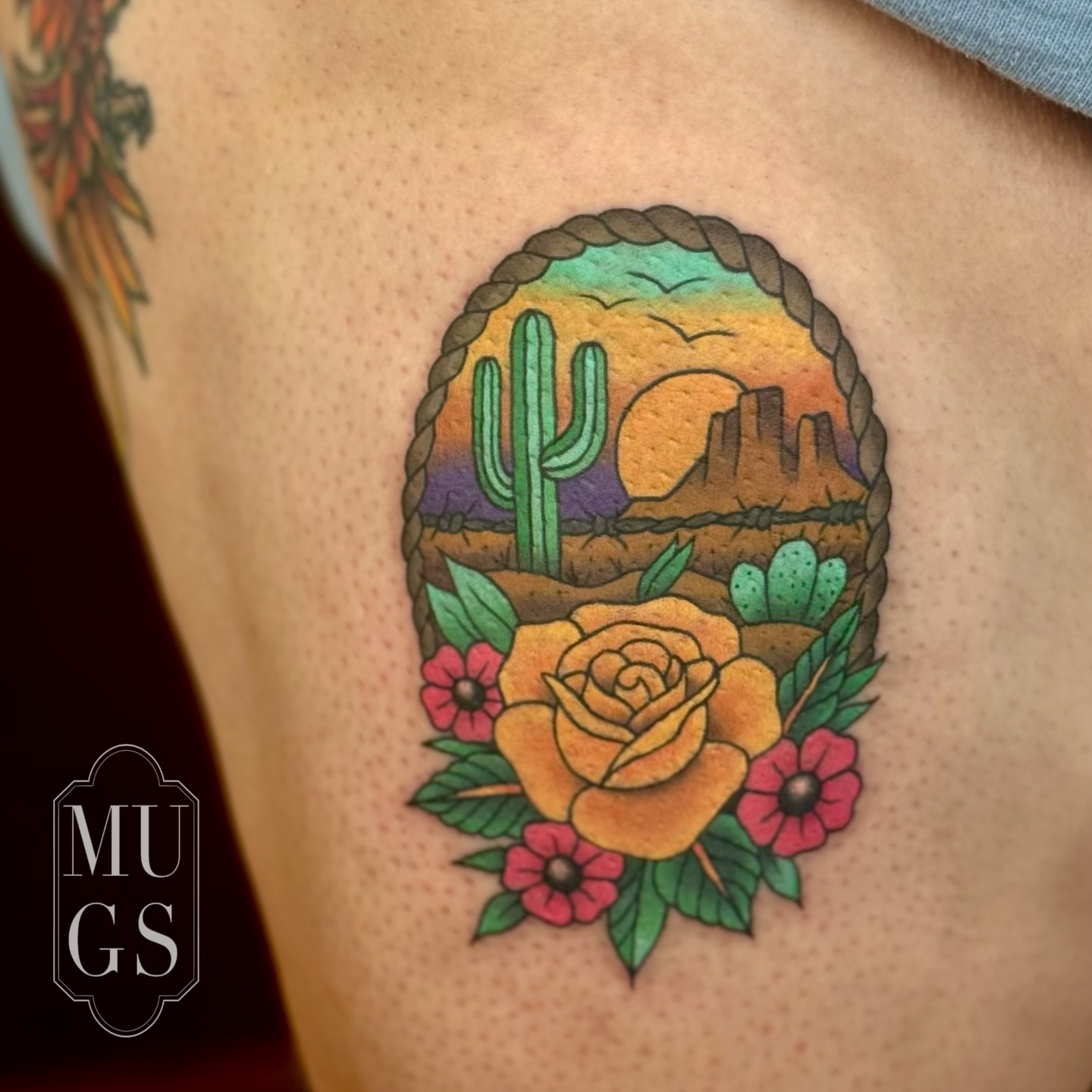 Desert landscape American traditional tattoo on the thigh by Emily Andreozzi