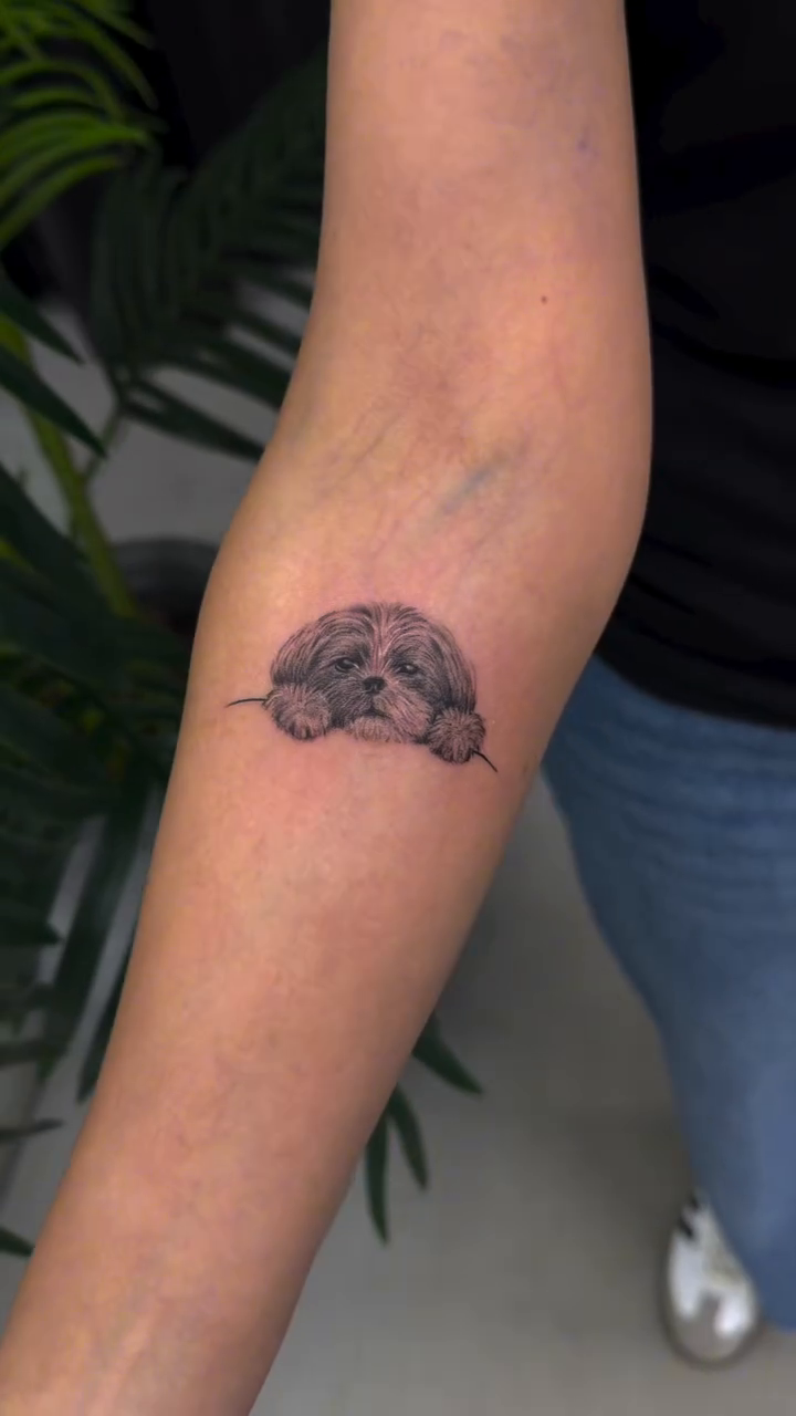 Dog face realism tattoo on the forearm by Lina Valentina, New York, New York