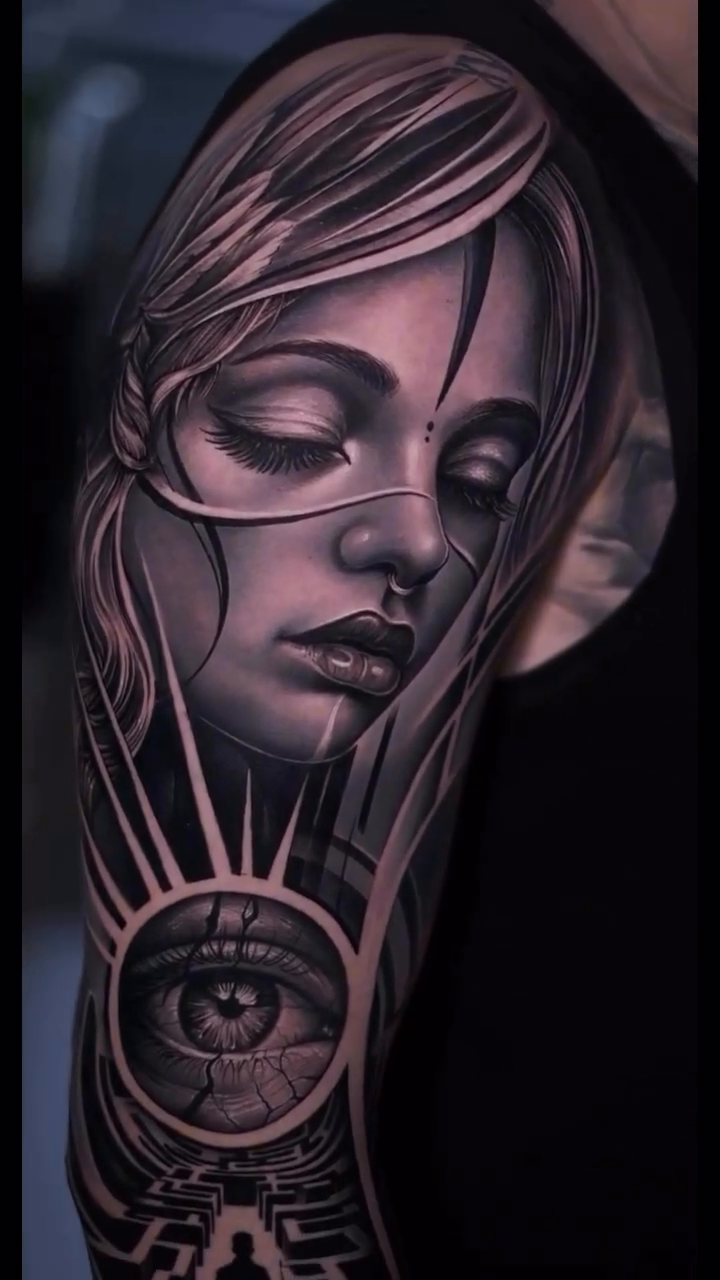 Woman with eye and geometric patterns realism tattoo by Francis nieves, Miami, Florida