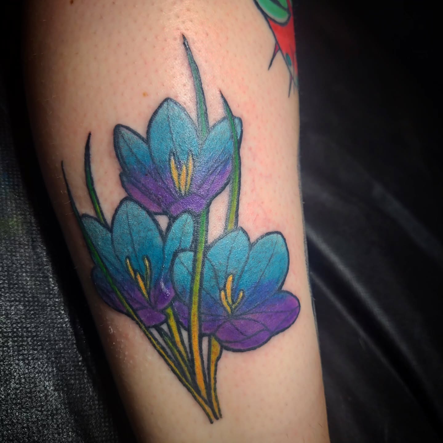 Crocus flowers dotwork tattoo on the forearm by Ashley Thomas, Midvale, Utah