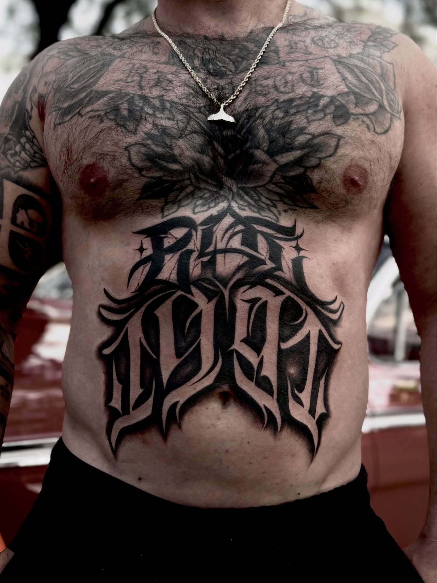 Gothic script black and grey tattoo on the chest by Wiser Oner- Salt Lake City Tattoo Artist, Salt Lake City, Utah