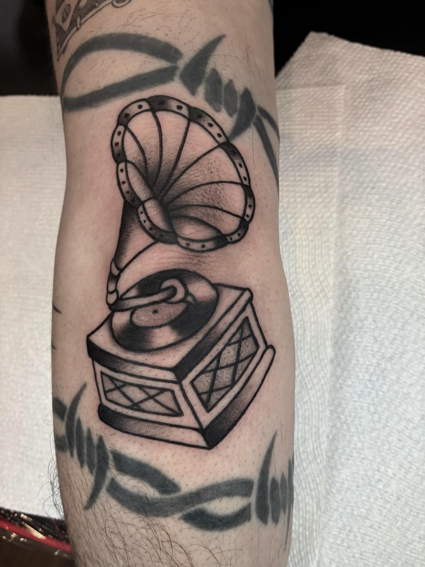 Gramophone black and grey tattoo on the forearm by ๐๐ช๐๐ซ๐ก๐ ๐๐ฏ๐ถ๐ฉ๐