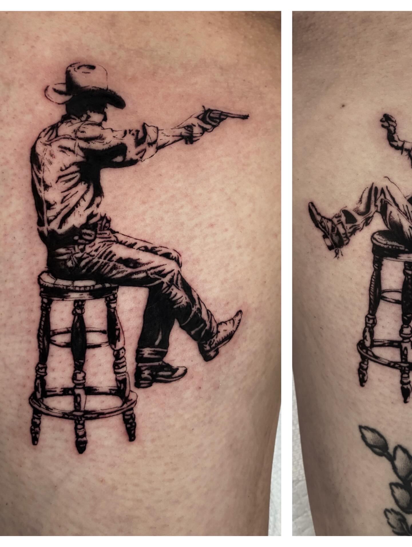 Cowboy on stool black and grey tattoo on the thigh by ๐๐ช๐๐ซ๐ก๐ ๐๐ฏ๐ถ๐ฉ๐