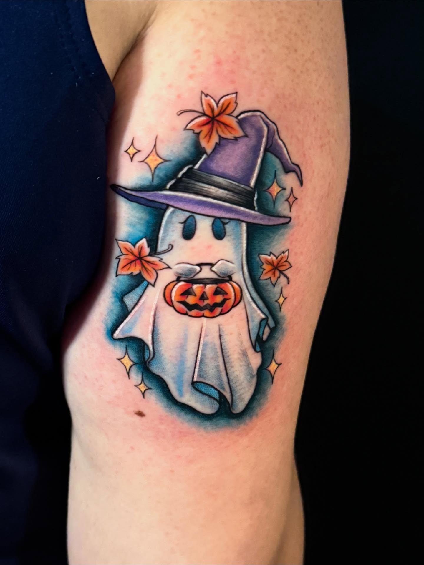 Ghost with jack-o'-lantern American traditional tattoo on the forearm by HAiZiE