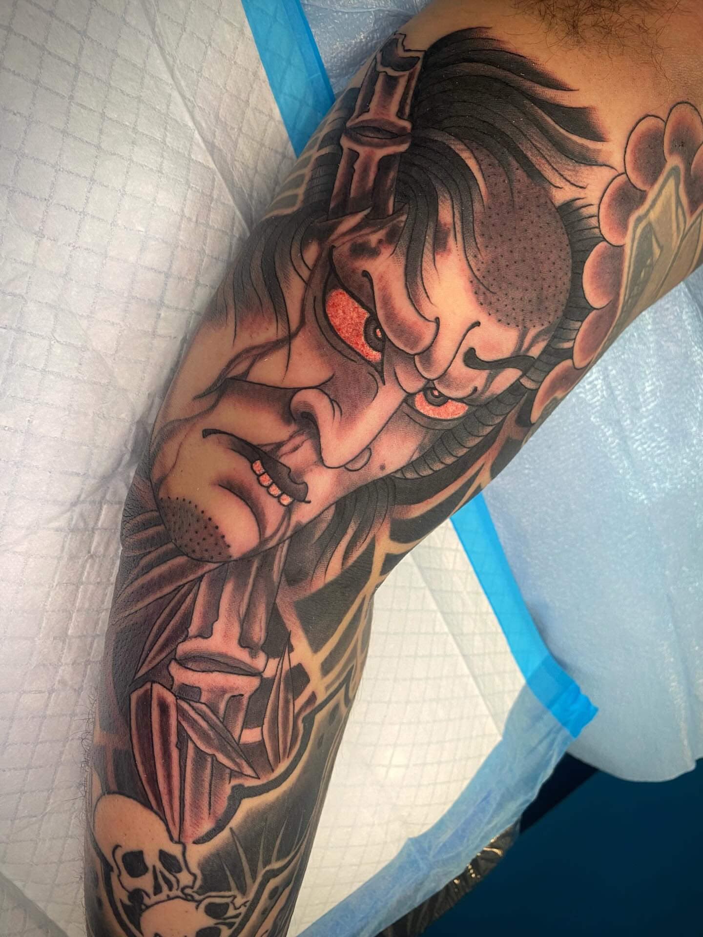 Tattoo by @pigeonxhands — japanese_irezumi, dotwork