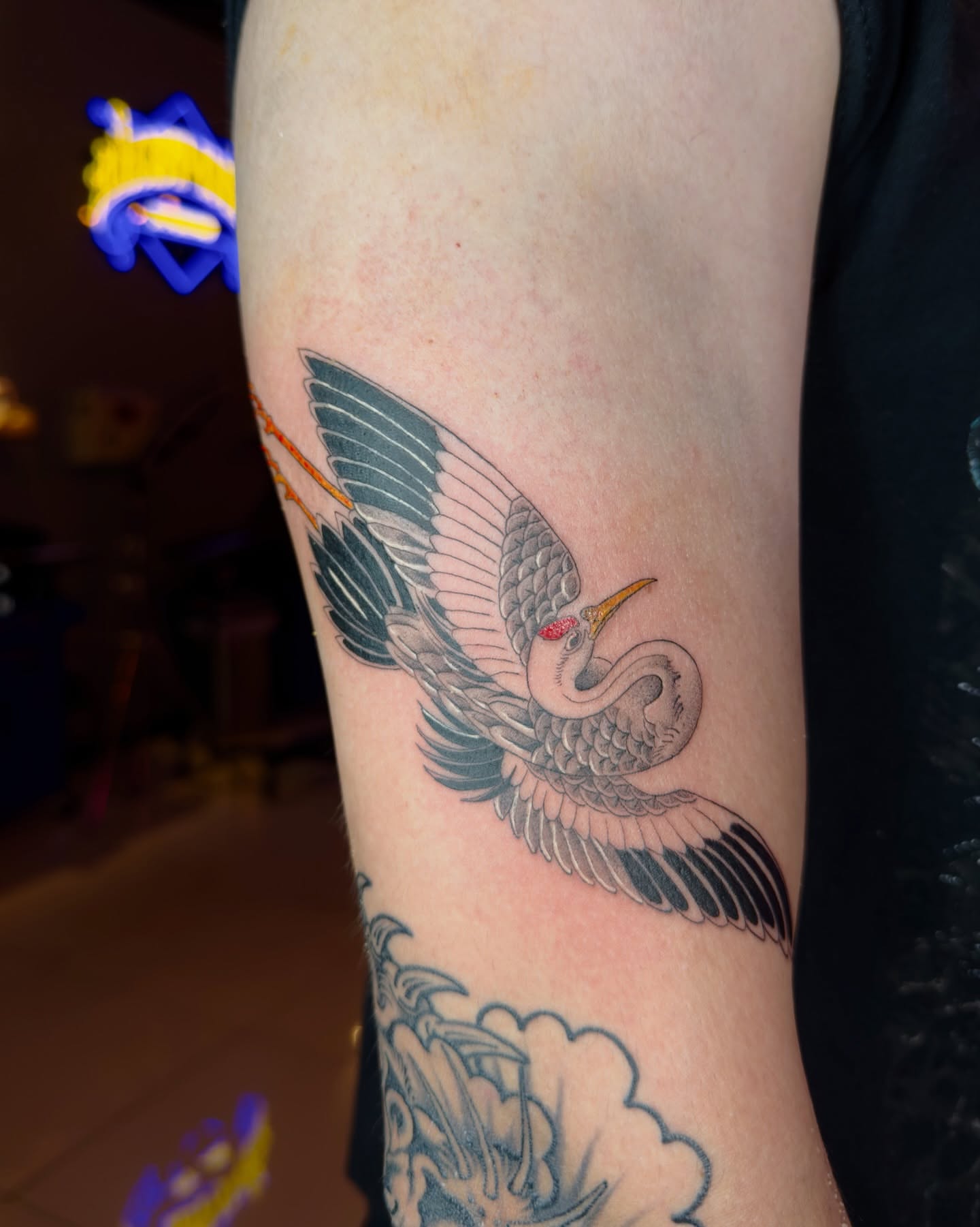 Heron American traditional tattoo on the forearm by Vu Nguyen