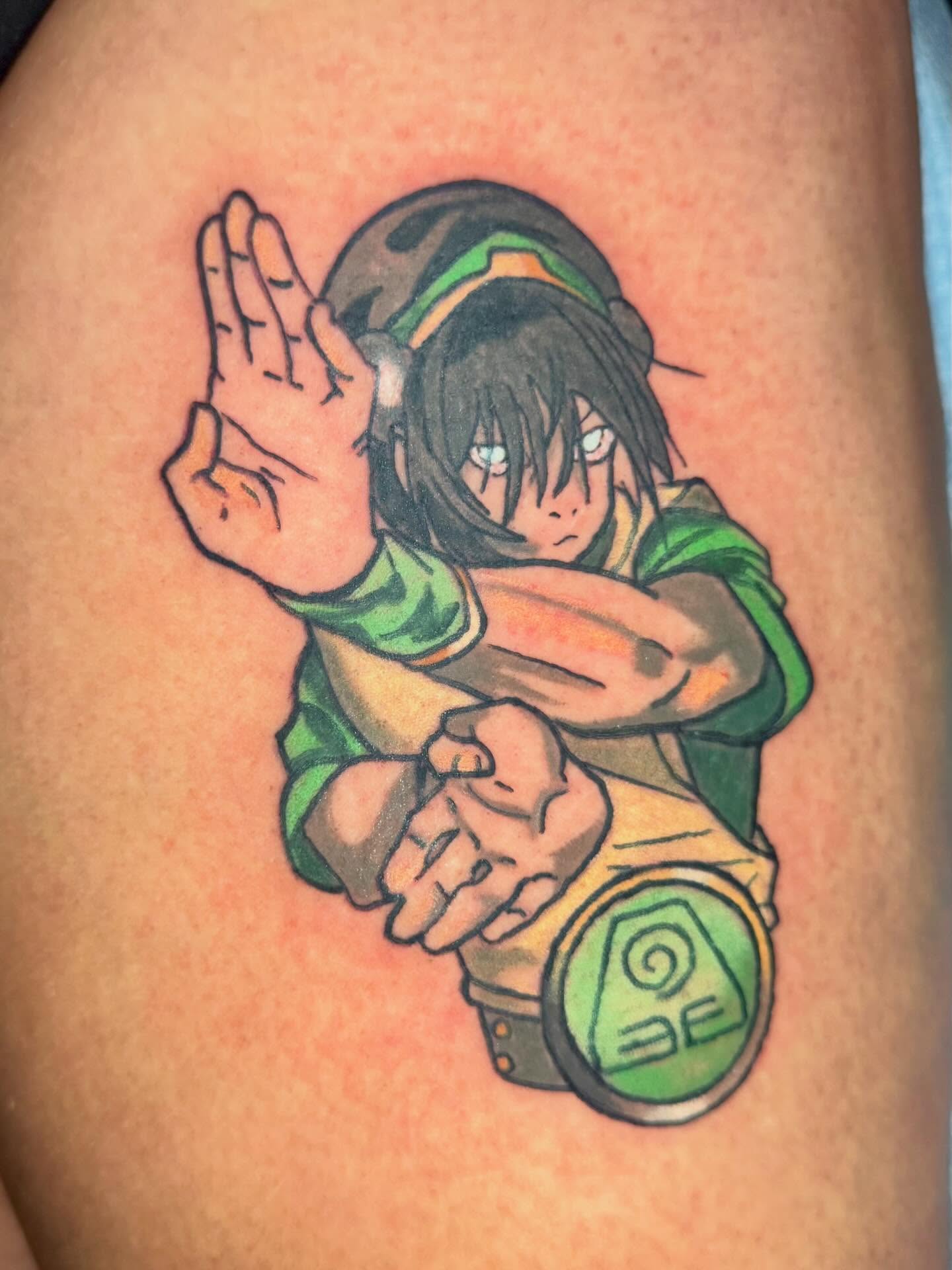 Anime character anime tattoo on the thigh by Paula.p.tattoos
