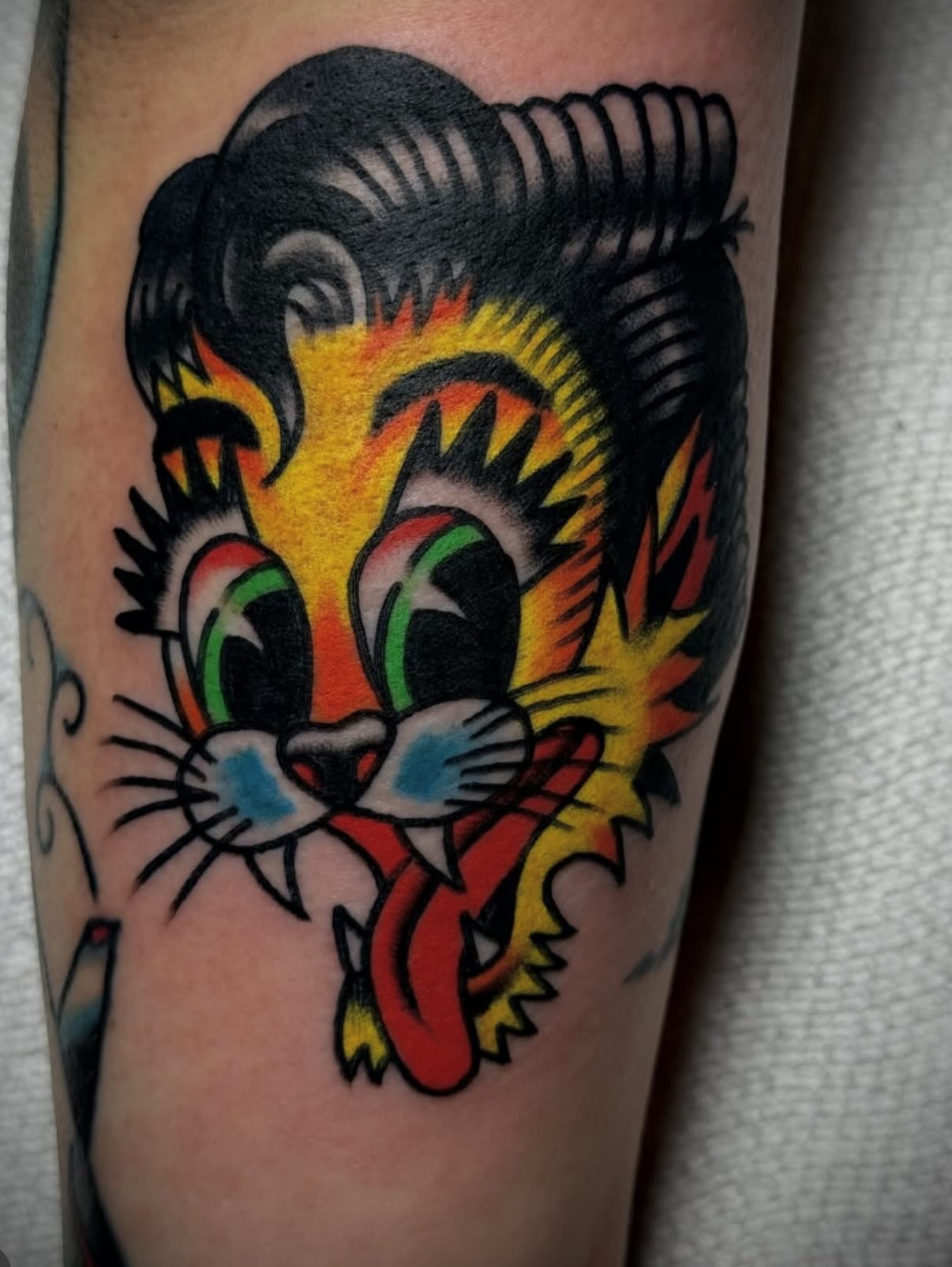 Cat American traditional tattoo on the forearm by Chuck Derek Whitaker