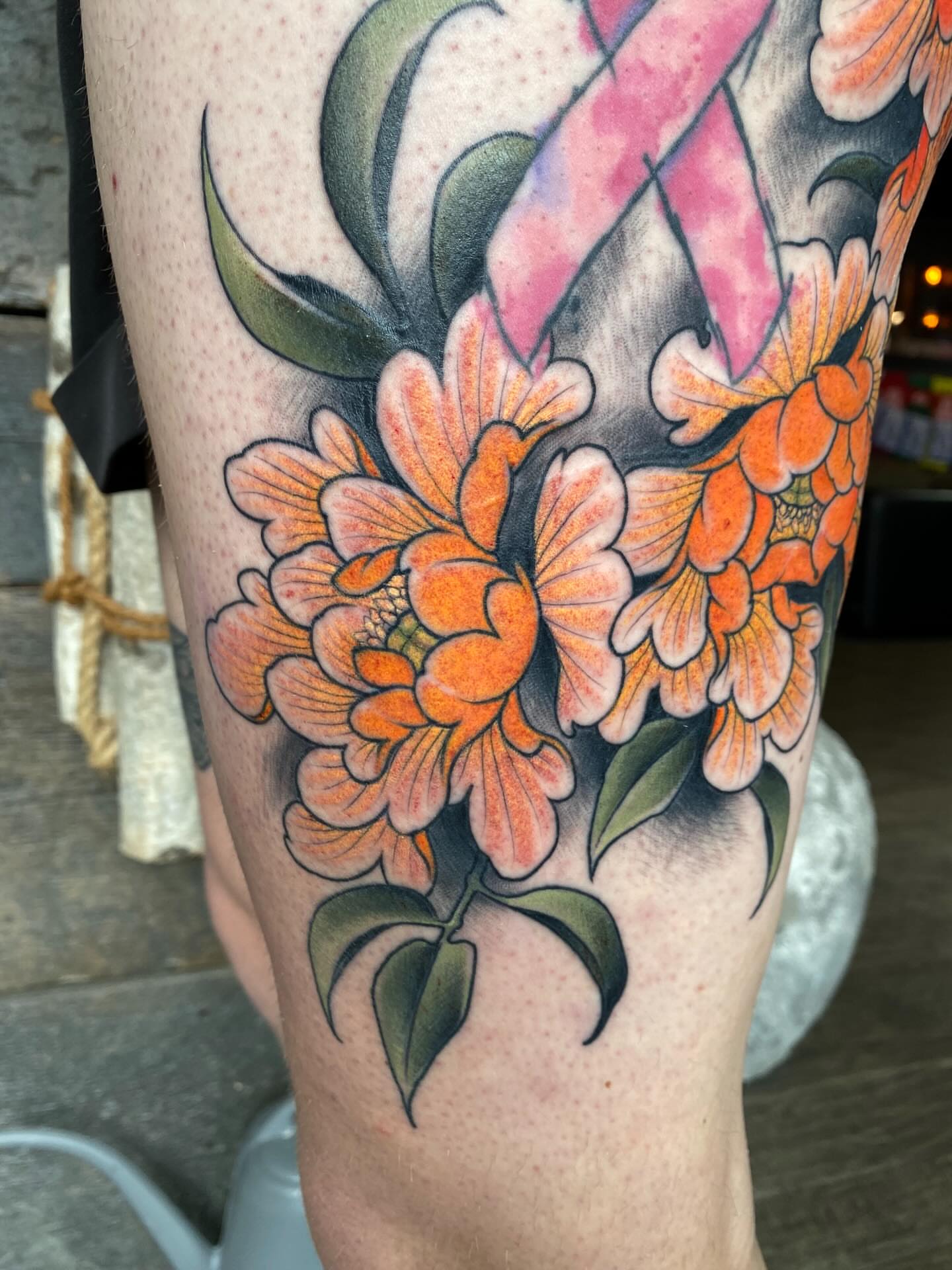 Cherry blossoms new school tattoo on the leg by Kyle Kozek, Columbus, Ohio