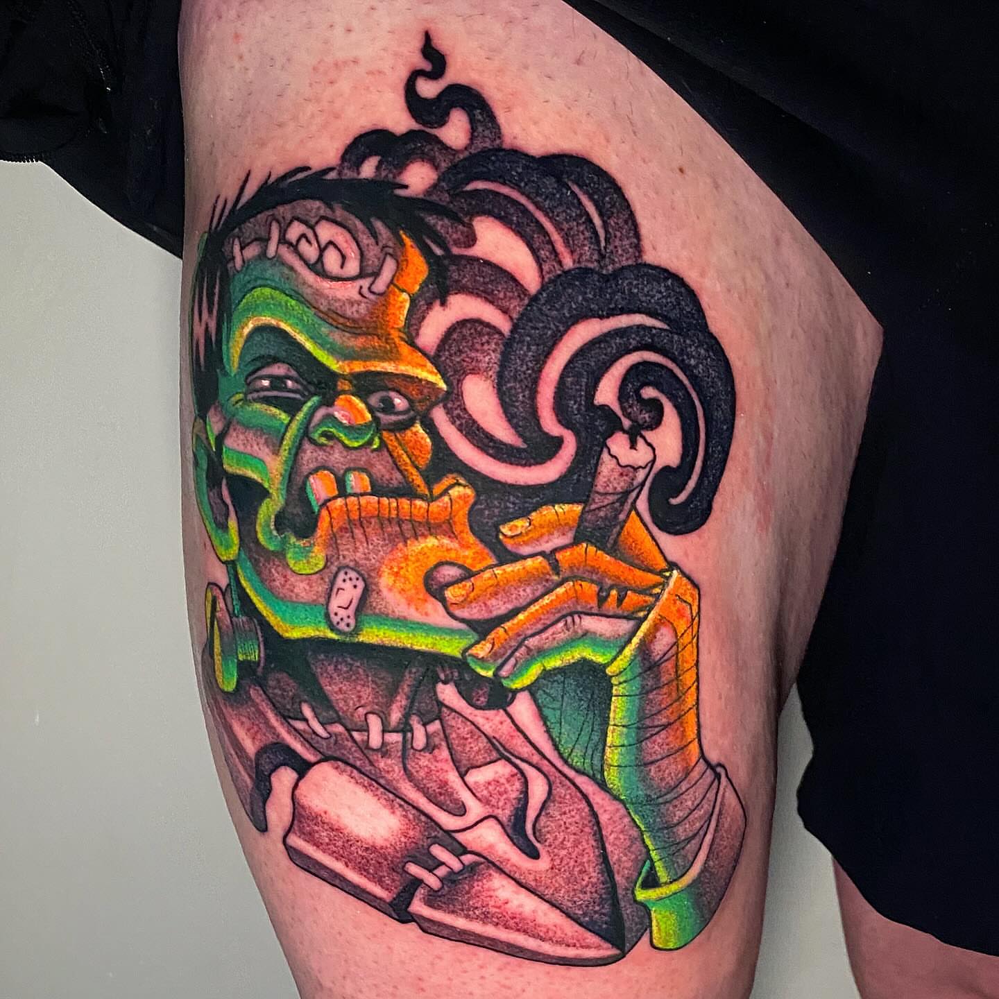 Frankenstein monster American traditional tattoo on the thigh by Lindsay Hall