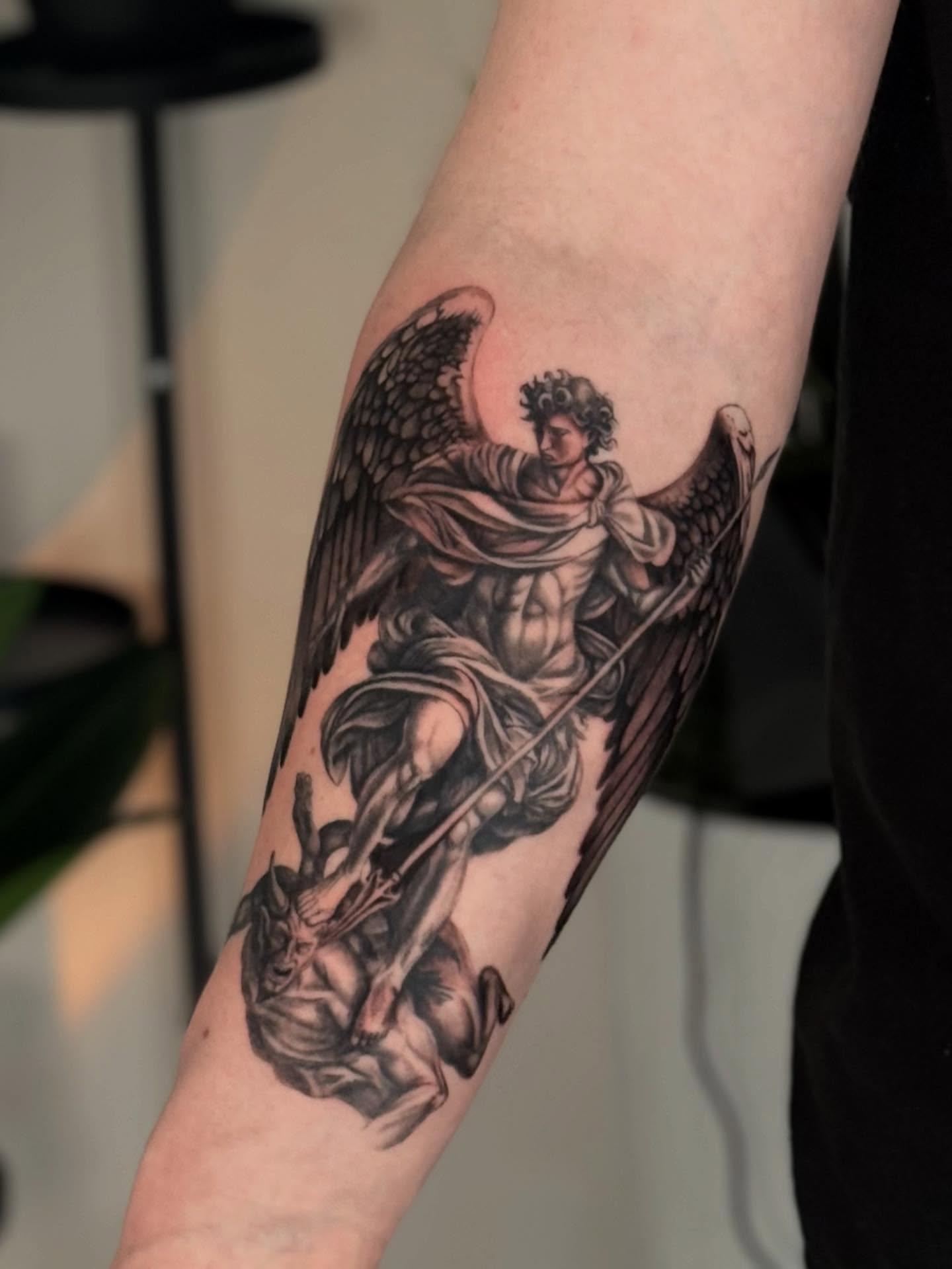Angel with sword realism tattoo on the forearm by ♍️𝒾𝒸𝒽𝑒𝓁𝓁𝑒⁺‧₊˚ ཐི⋆♱⋆ཋྀ ˚₊‧⁺, Charlotte, North Carolina