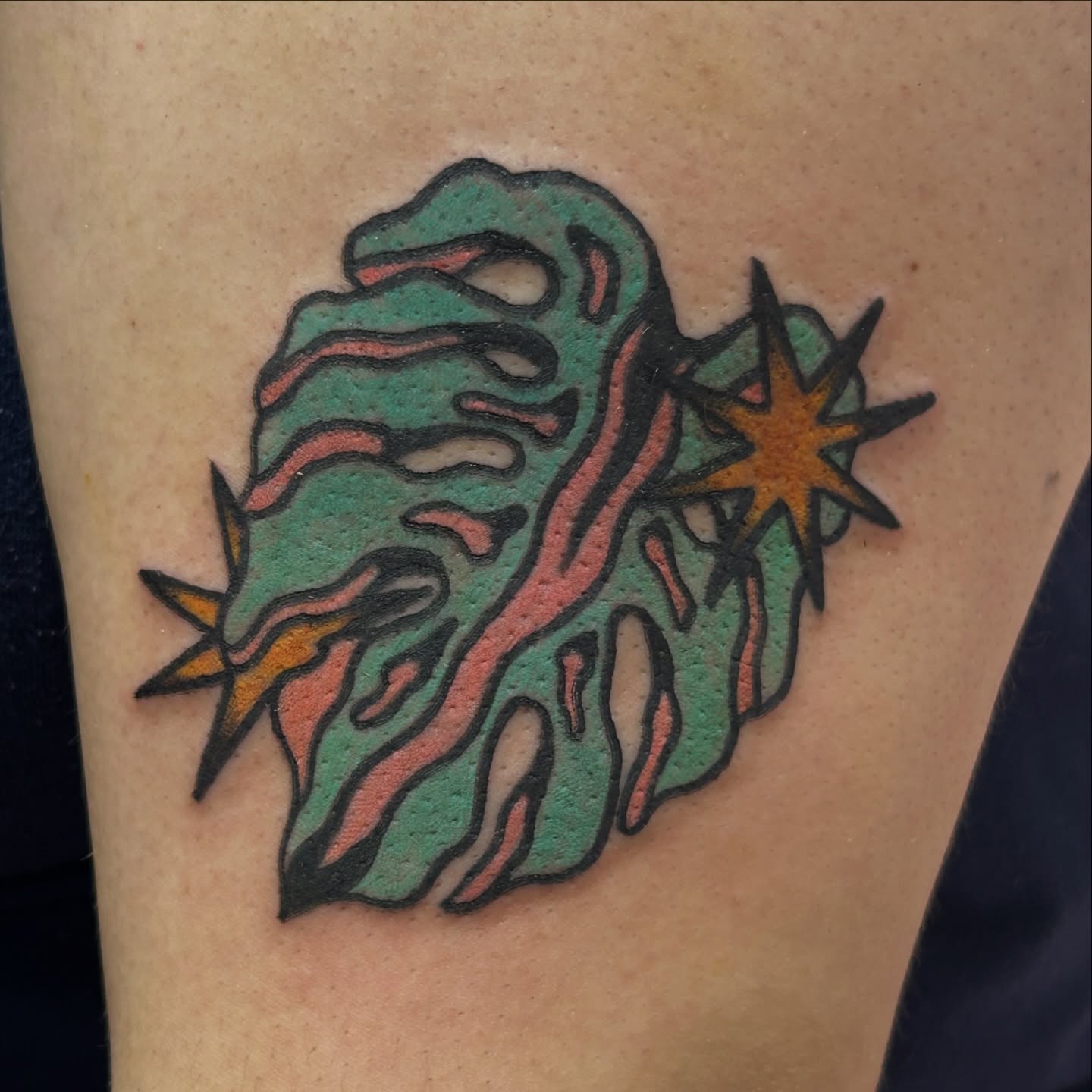 Monstera leaf new school tattoo on the forearm by Lauren Caldwell 🔮🌙