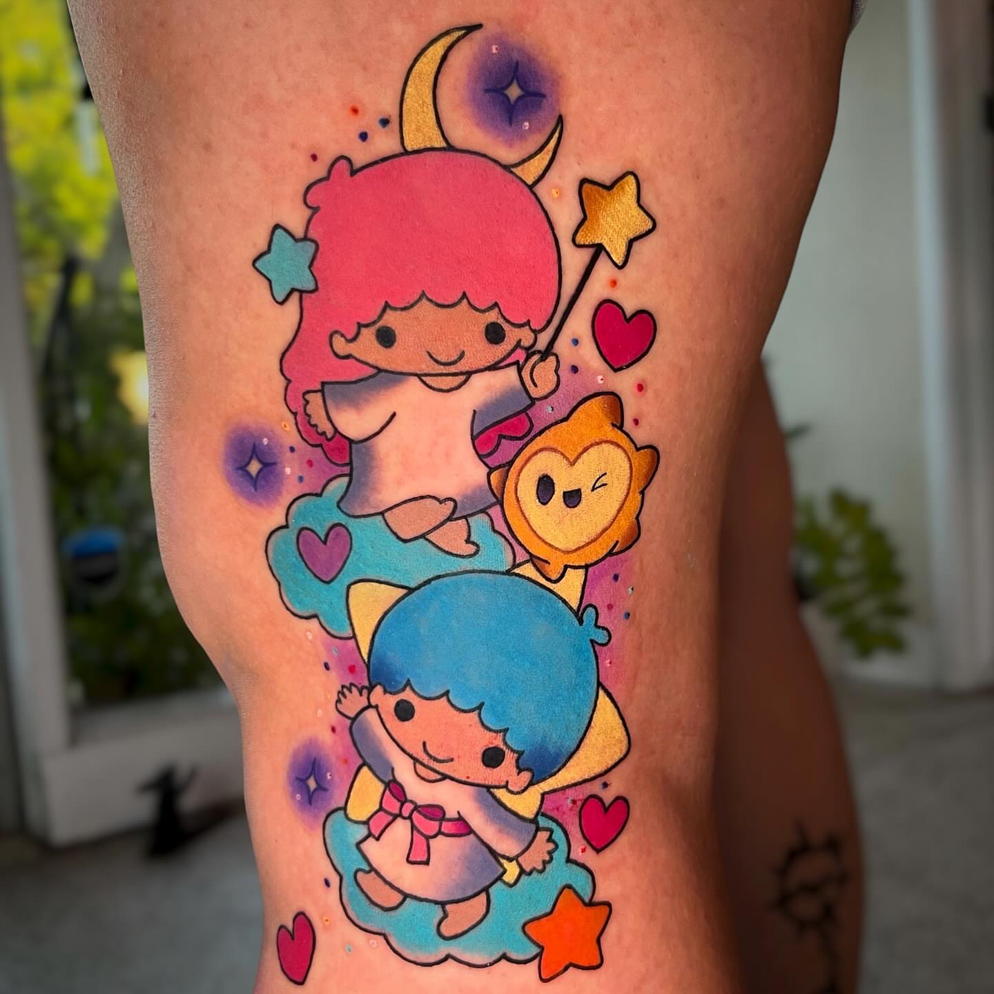 Kawaii characters illustrative tattoo on the thigh by Nicole Skalski