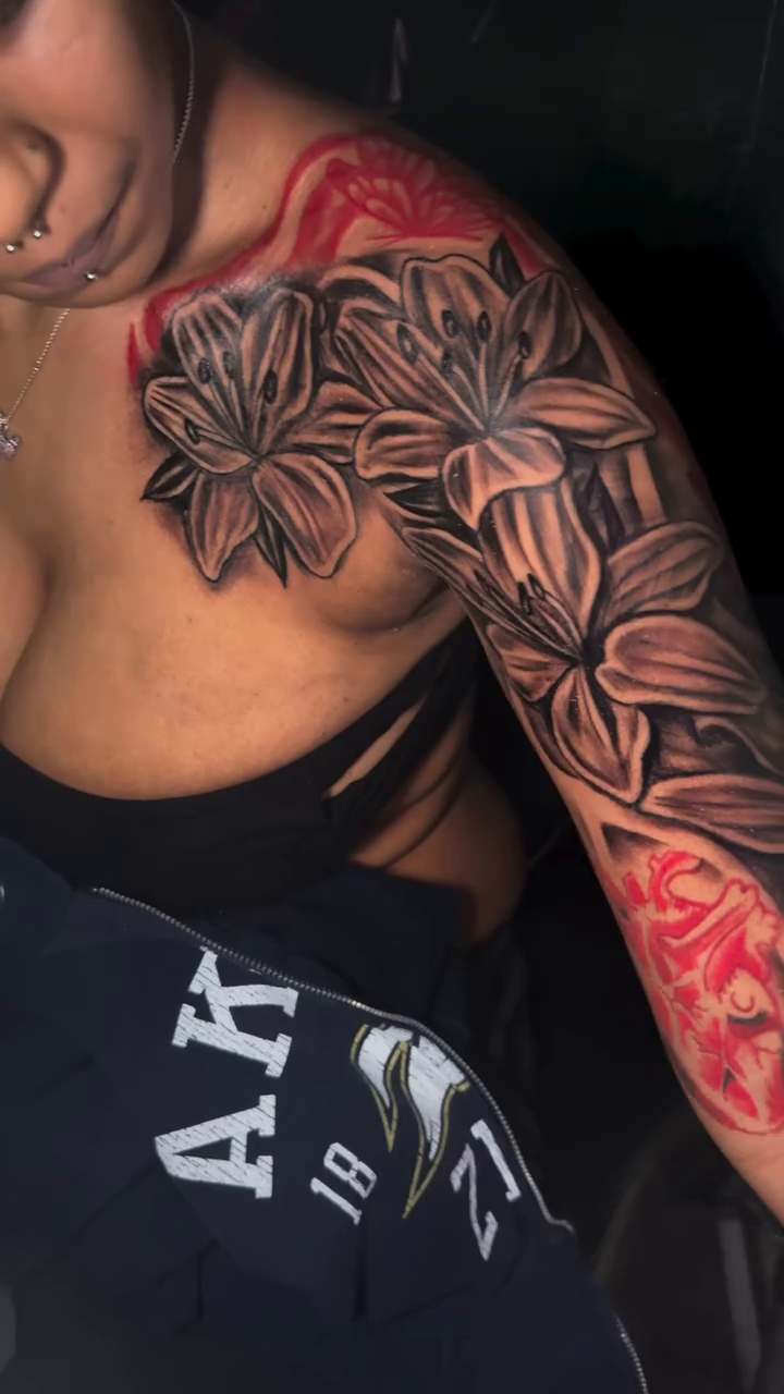 Floral sleeve with butterfly fine line tattoo on the upper arm by ✨Cole✨, Cleveland Heights, Ohio