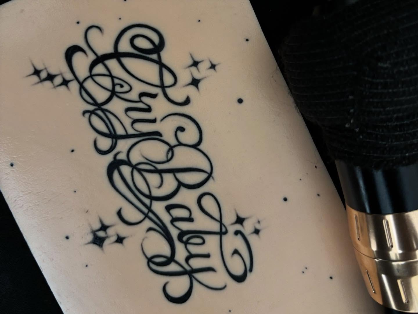 Oh Baby lettering script tattoo by Pres!