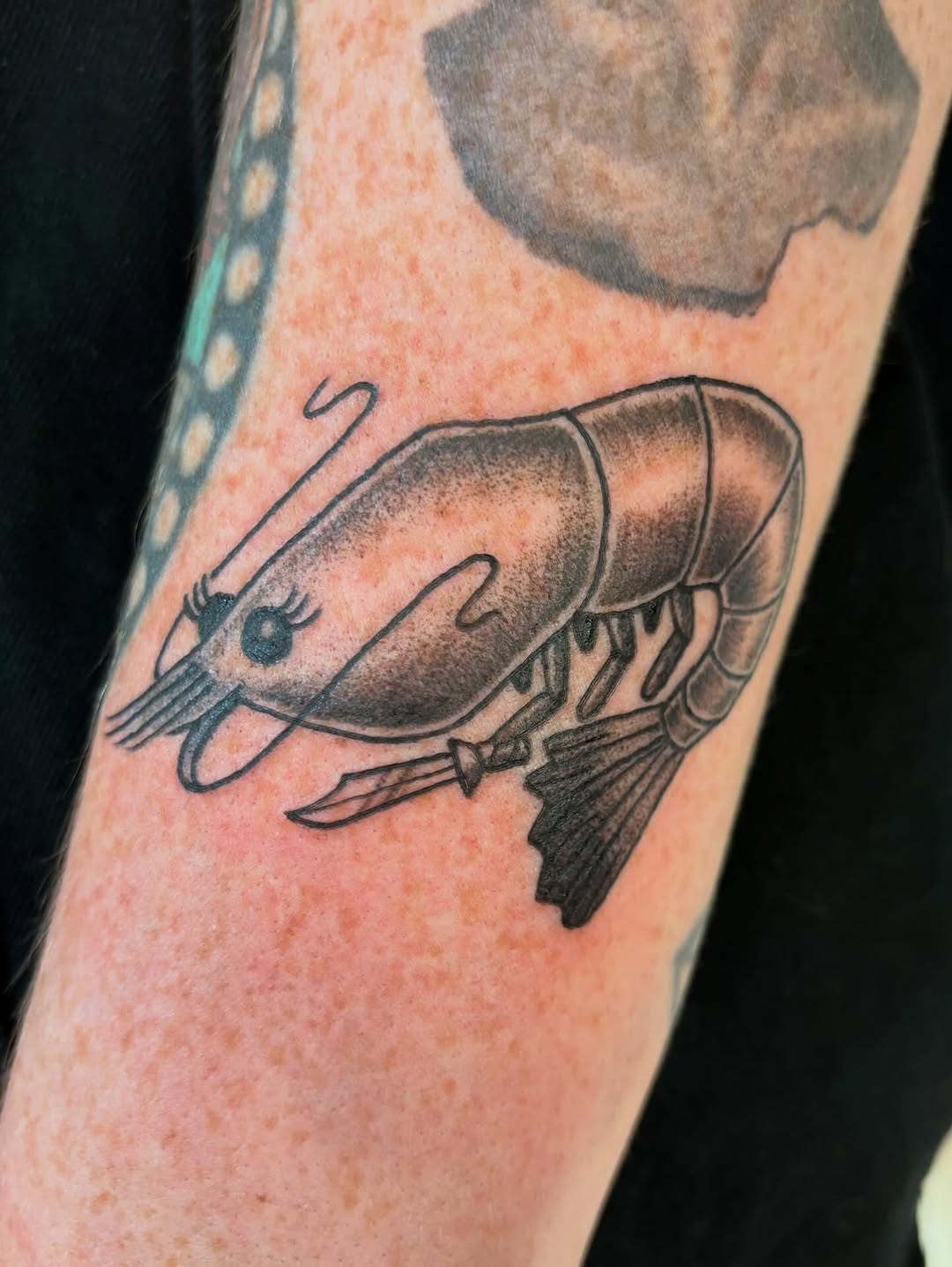 Shrimp with a knife minimalist tattoo on the forearm by Fin :