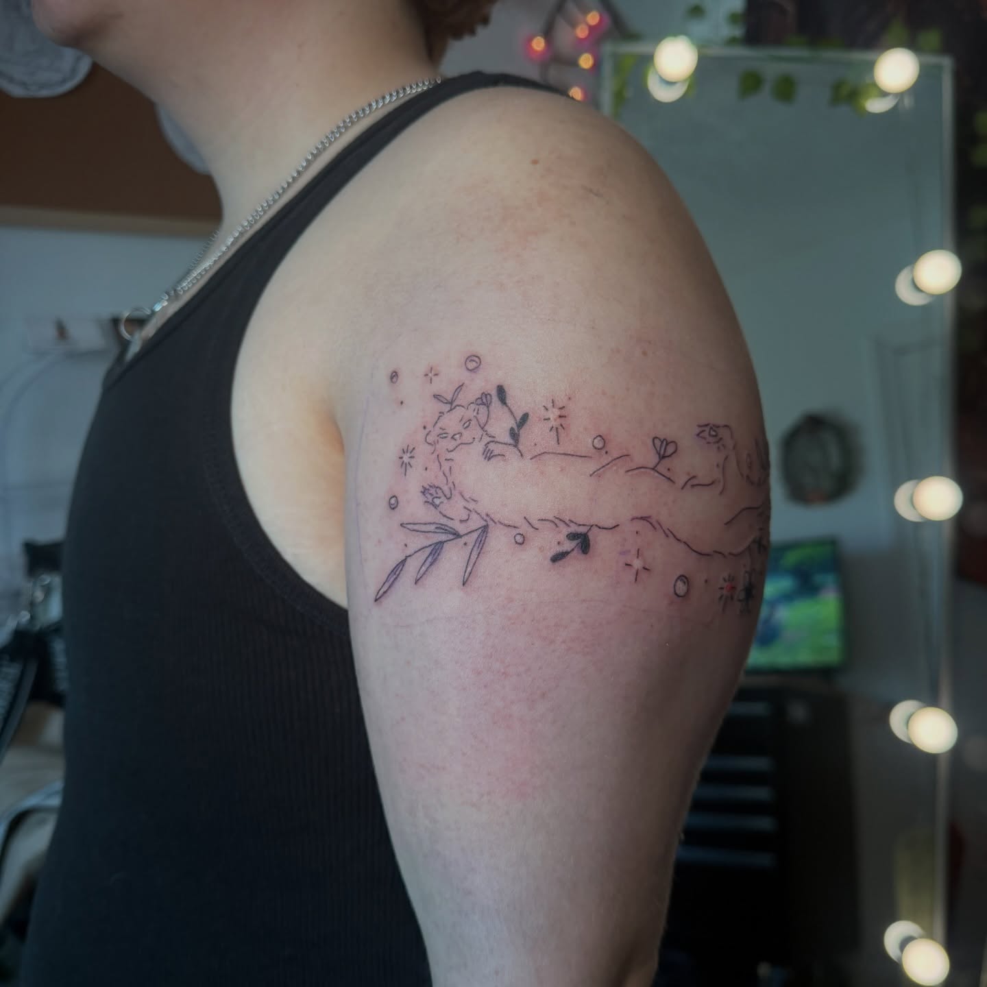 Fairy and leaves fine line tattoo on the shoulder by JJ ₍ᐢ._.ᐢ₎♡, Ashland, Virginia