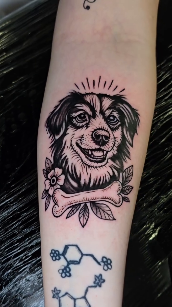 Dog portrait realism tattoo by Jesse James, Las Vegas, Nevada