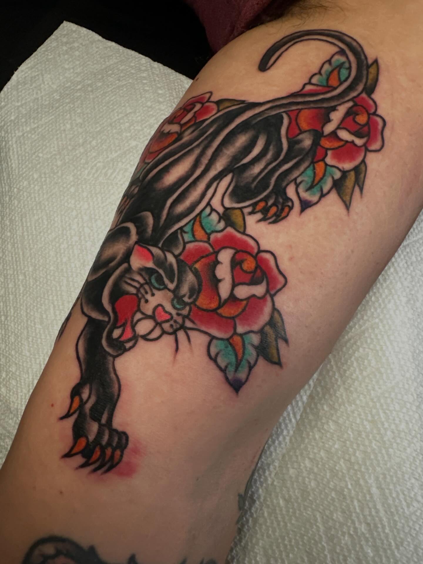 Cat and roses American traditional tattoo on the forearm by Elisha B🦷
