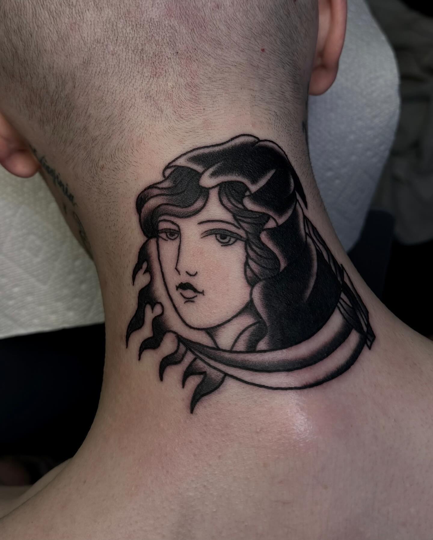 Woman's face black and grey tattoo on the neck by ＊ Carly James ＊