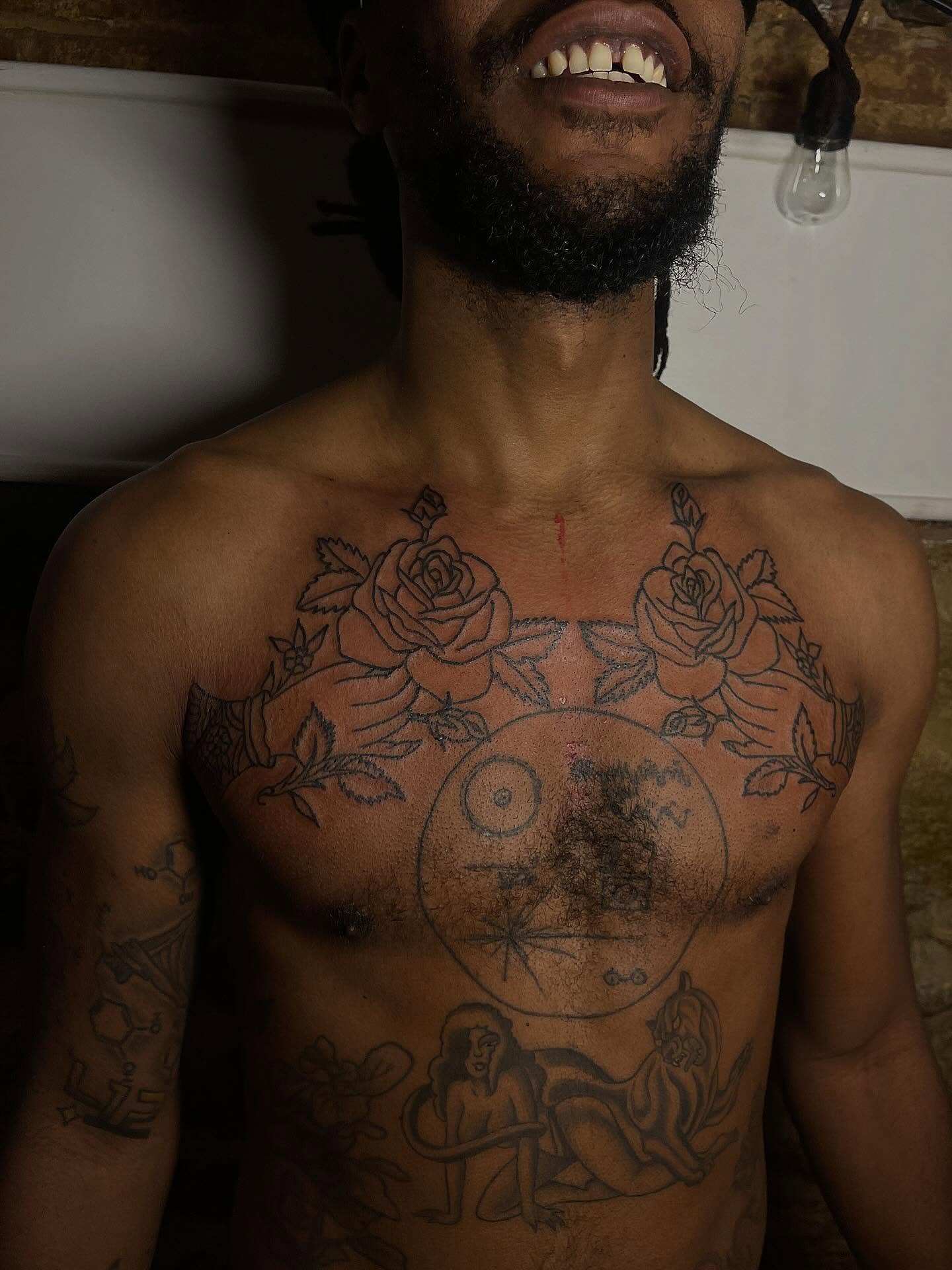 Roses and moon American traditional tattoo on the chest by Tattoos Philly {by Twiggy} ✨