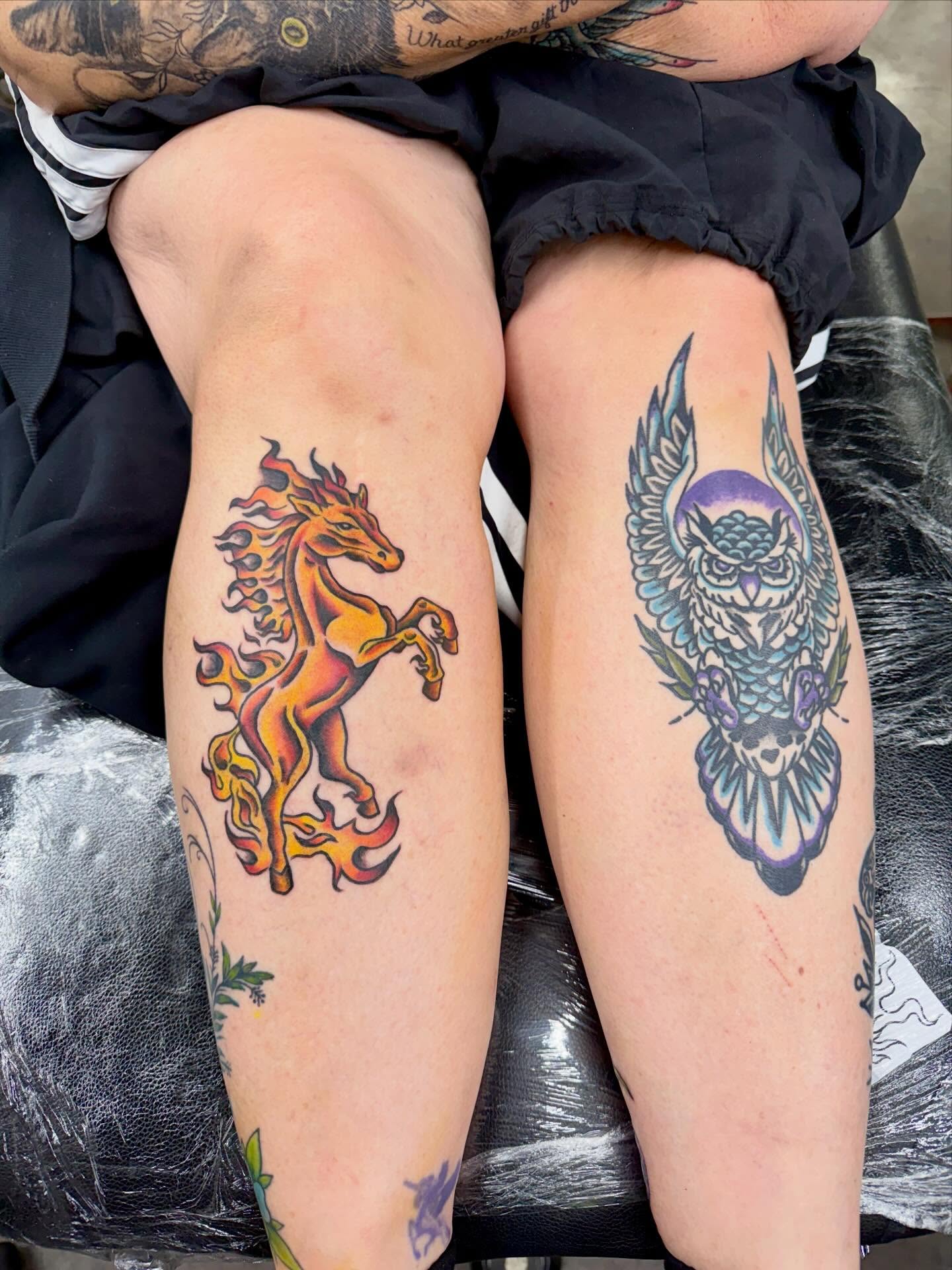 Flaming horse American traditional tattoo on the forearm by Ali Calis