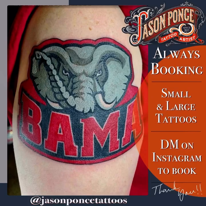 Alabama Crimson Tide elephant logo tattoo on the forearm by Jason Ponce
