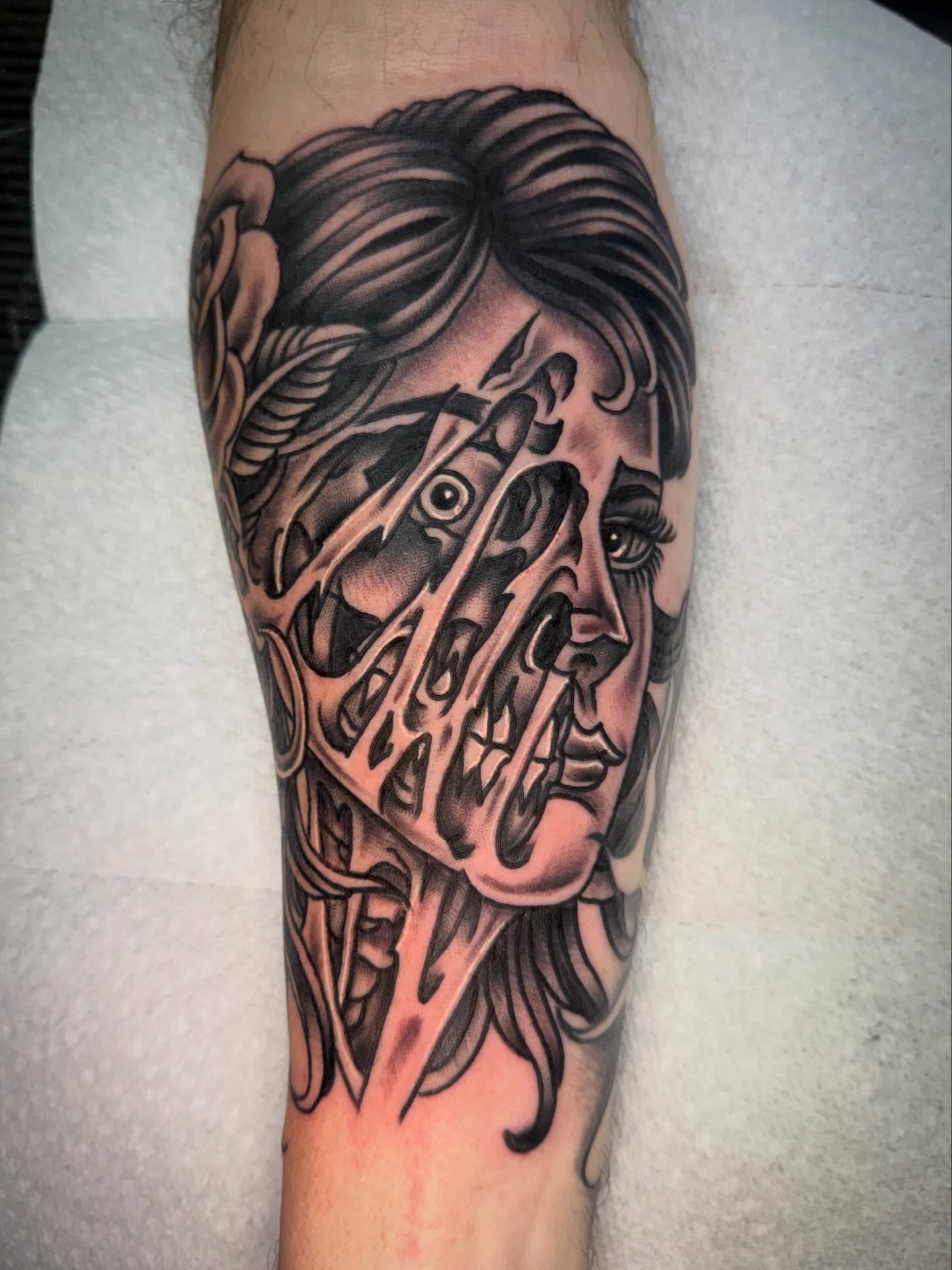 Woman's face realism tattoo on the forearm by Jake Horstman, Dayton, Ohio