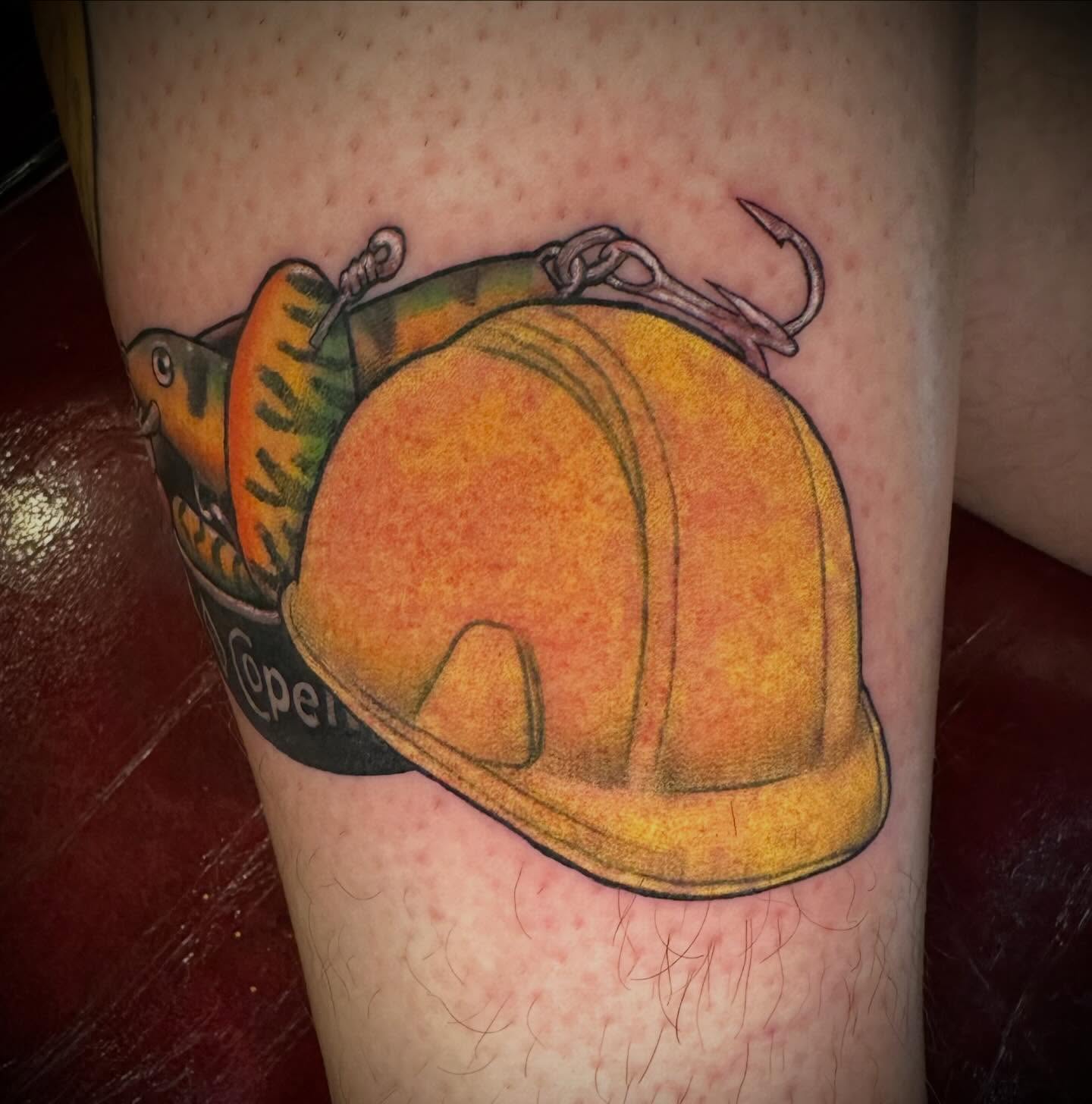 Construction helmet realism tattoo on the forearm by Alan