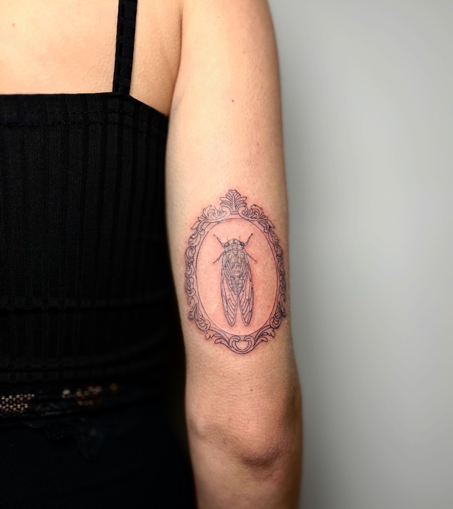 Cicada black and grey tattoo on the forearm by brinley - fine line tattoos, Crescent Springs, Kentucky