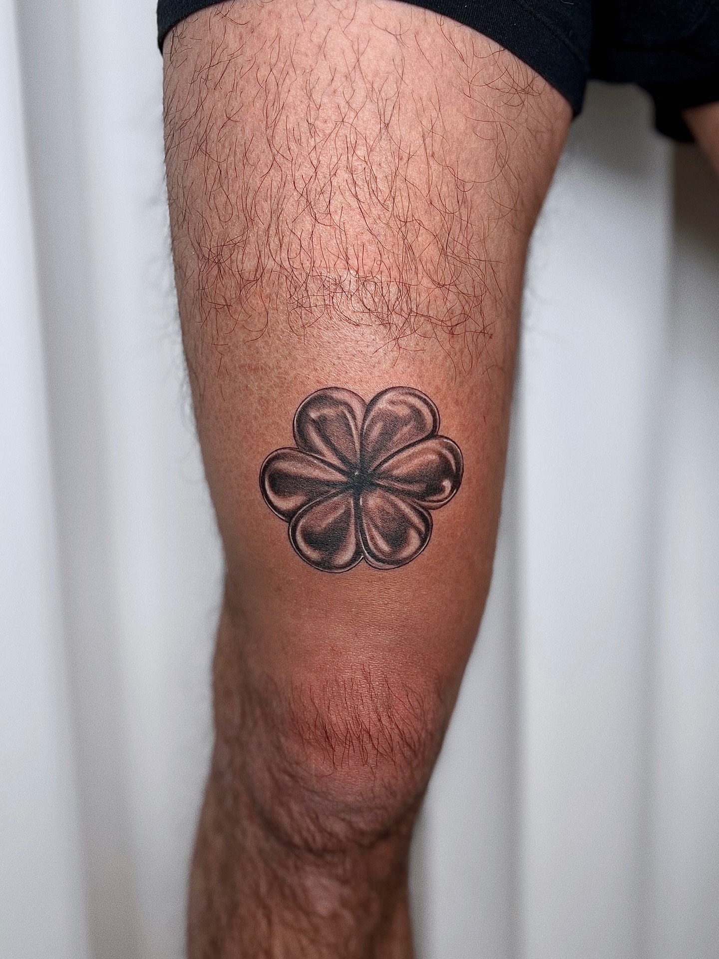 Four-leaf clover black and grey tattoo on the calf by Soy 🫛