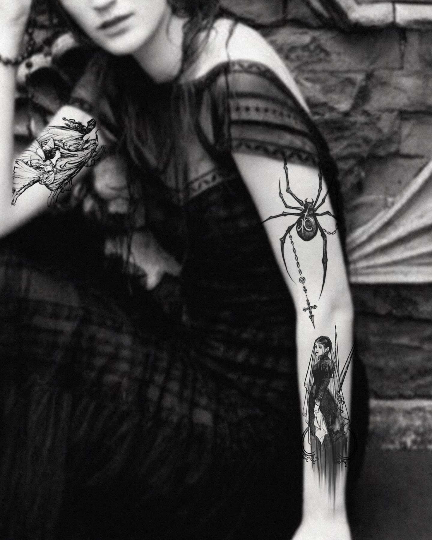 Spider and woman realism tattoo on the forearm by ๐๐ฆ๐ฐ๐ฆ๐