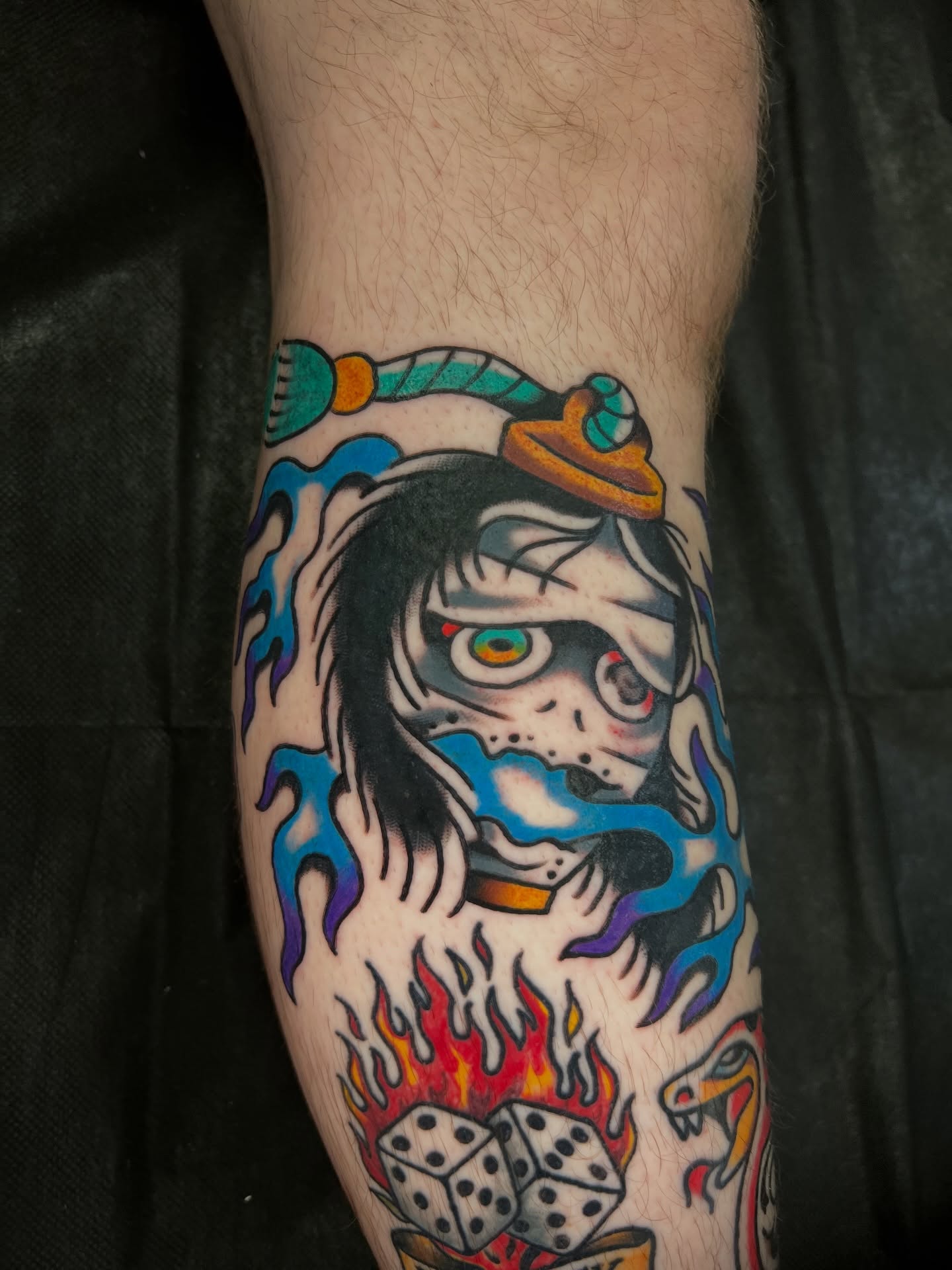 Japanese mask American traditional tattoo on the forearm by 🍊Harvey Perez 🍊, Deerfield Beach, Florida