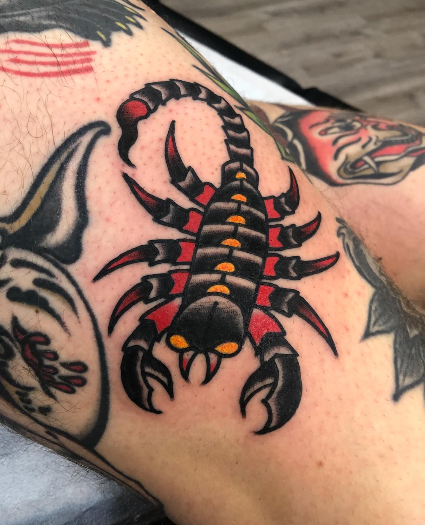 Scorpion American traditional tattoo on the forearm by Nick Sharratt, Chicago, Illinois