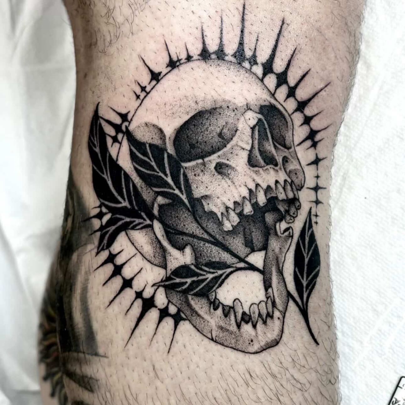 Skull dotwork tattoo on the forearm by Zoe D