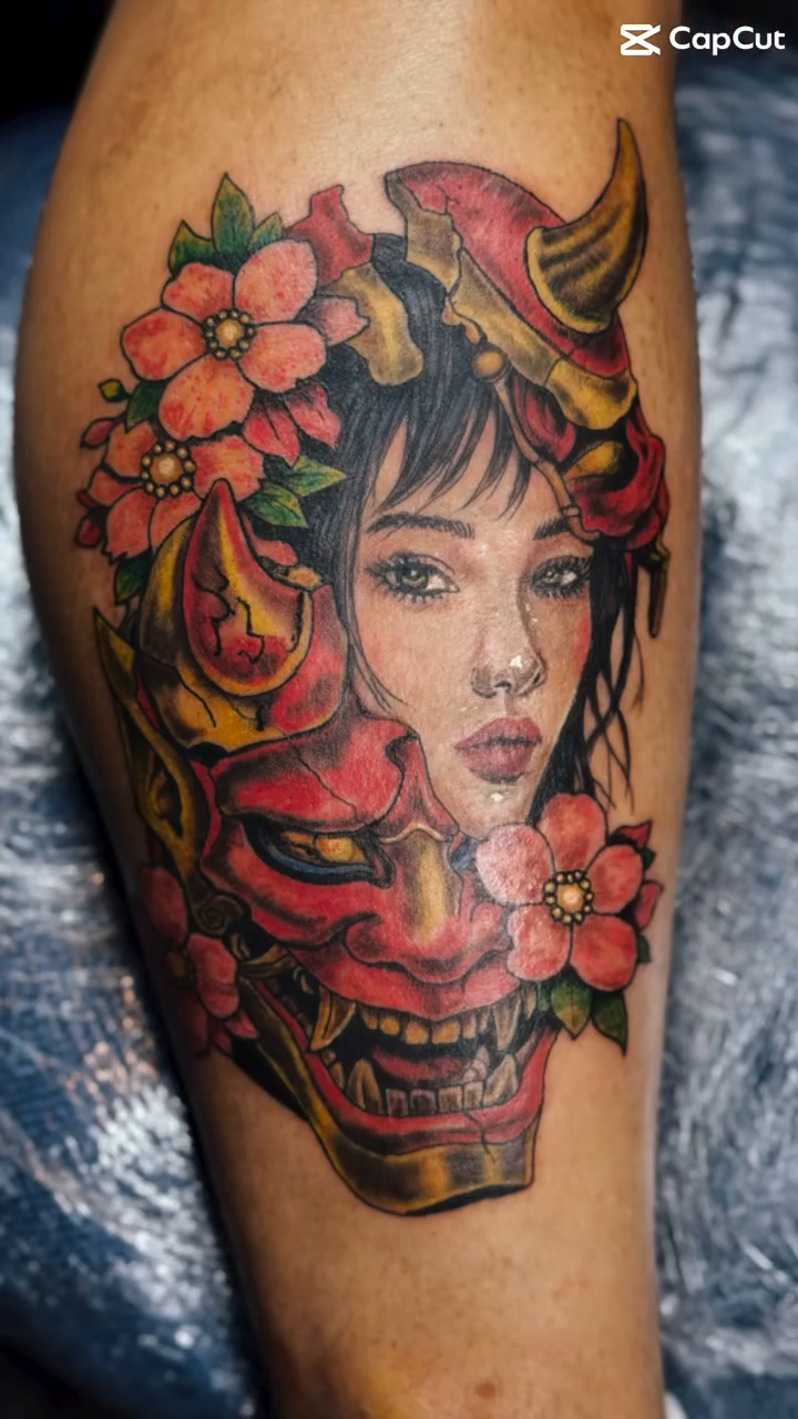 Geisha with Hannya mask neo-traditional tattoo on the thigh by Ink Napawong