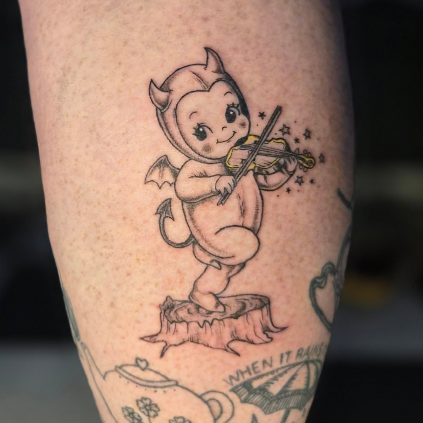 Devil playing violin black and grey tattoo on the forearm by π΅ππππ§π»ββοΈβΛκ©ο½‘β