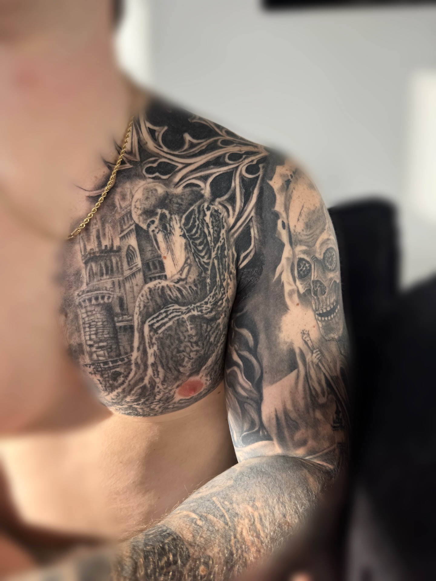 Castle and dragon realism tattoo on the shoulder by juice🕷tattoo artist