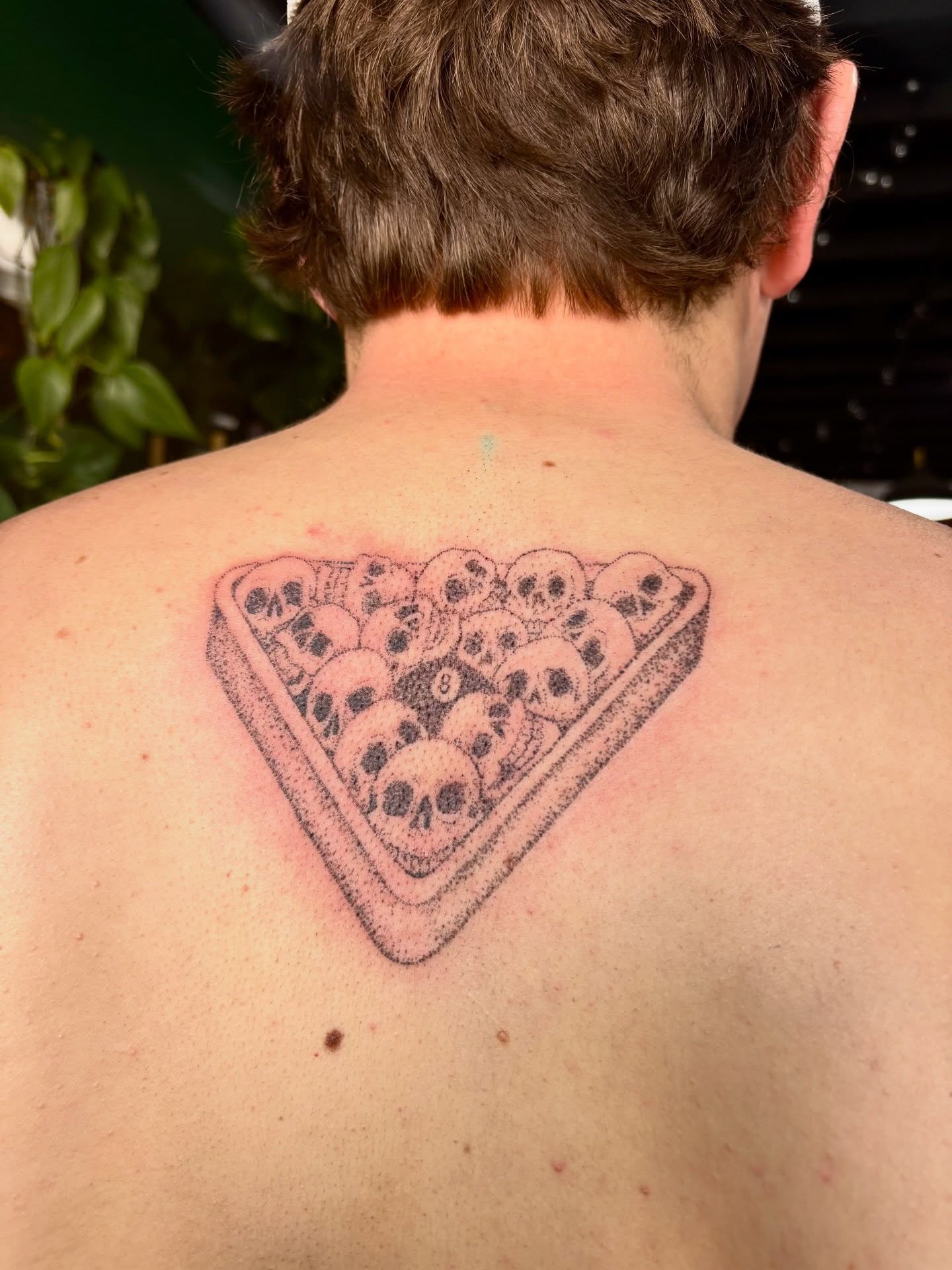 Pool balls dotwork tattoo on the back by Ashley, Elk Horn, Iowa