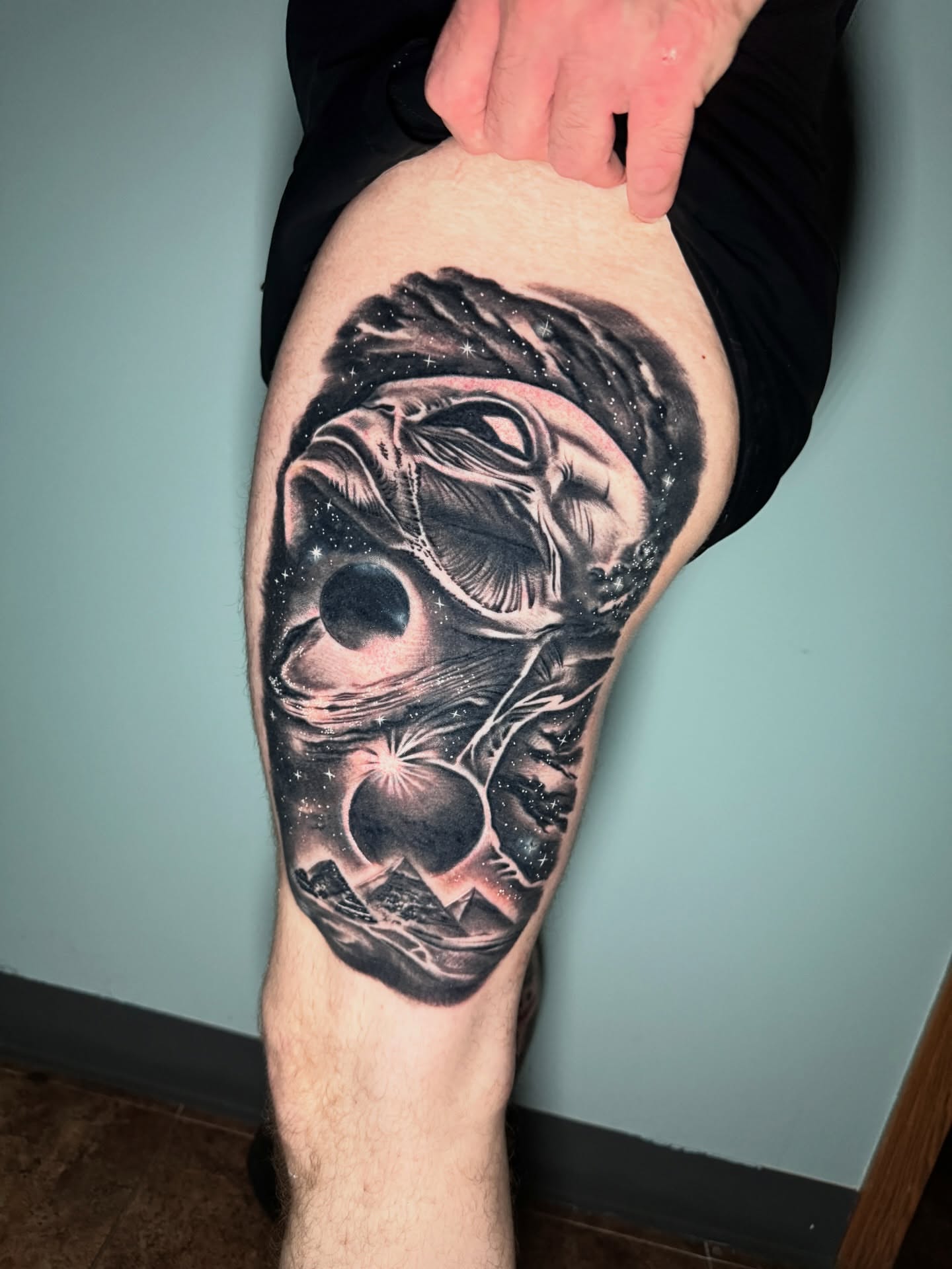 Astral skull realism tattoo on the thigh by Shane Fowler, Massillon, Ohio