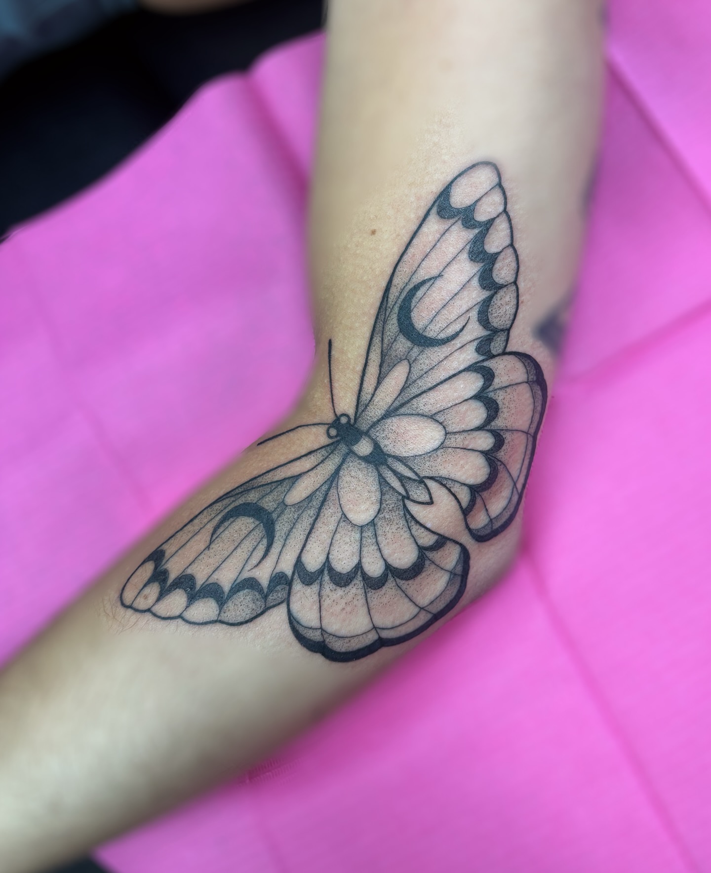 Butterfly black and grey tattoo on the forearm by ✿ sadie winter ✿