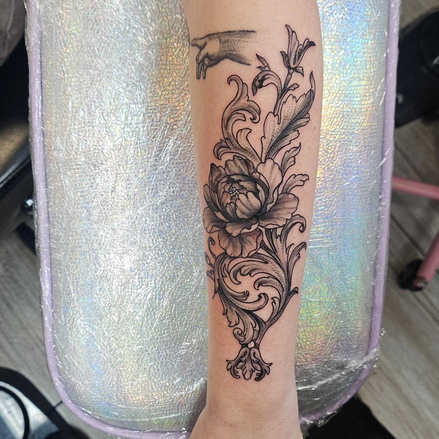 Floral design ornamental tattoo on the forearm by Kelsey Moore, Richmond, Virginia