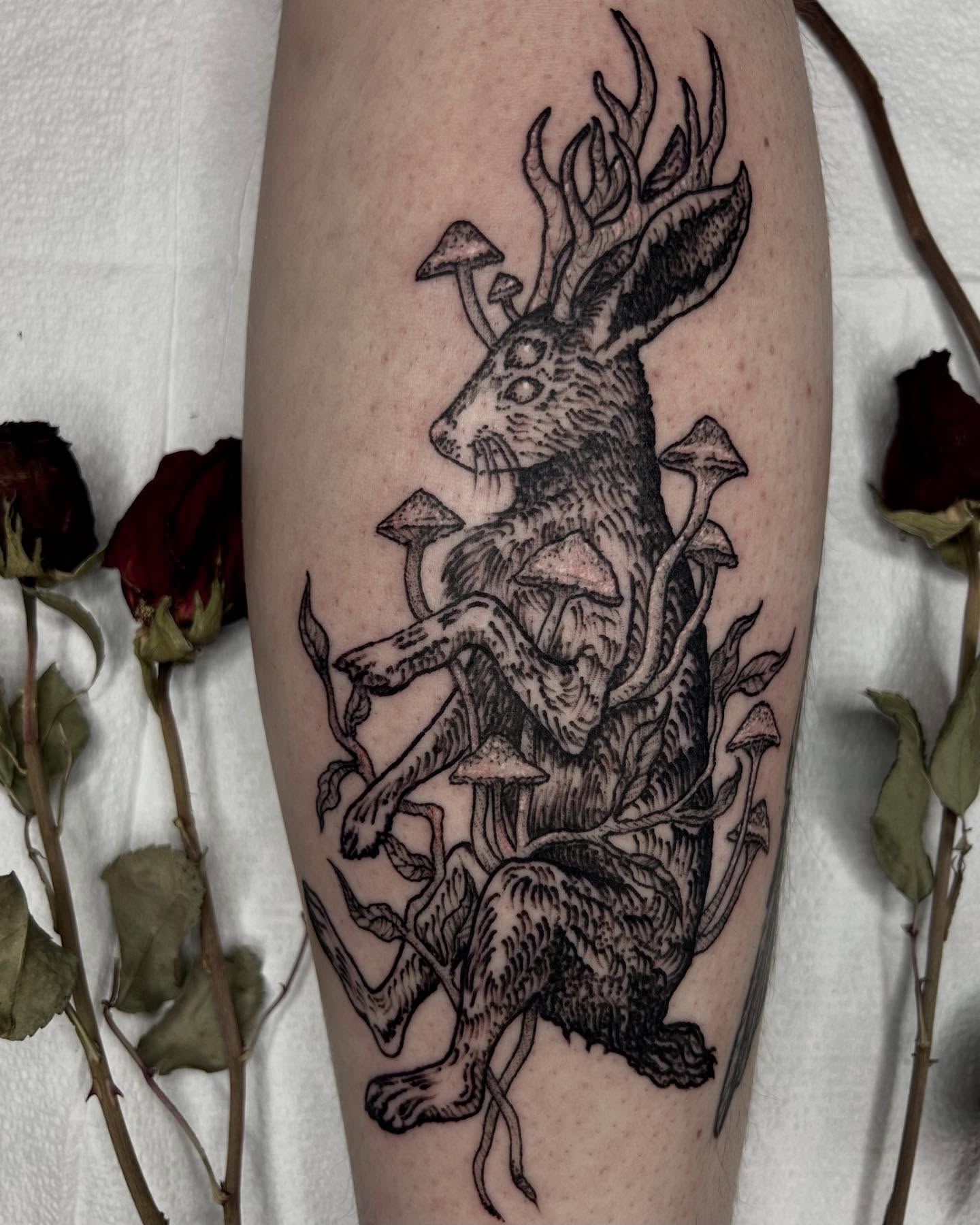 Rabbit with mushrooms realism tattoo on the forearm by ๐๐๐๐๐๐ ๐๐๐๐๐๐ ๐๐๐๐๐๐