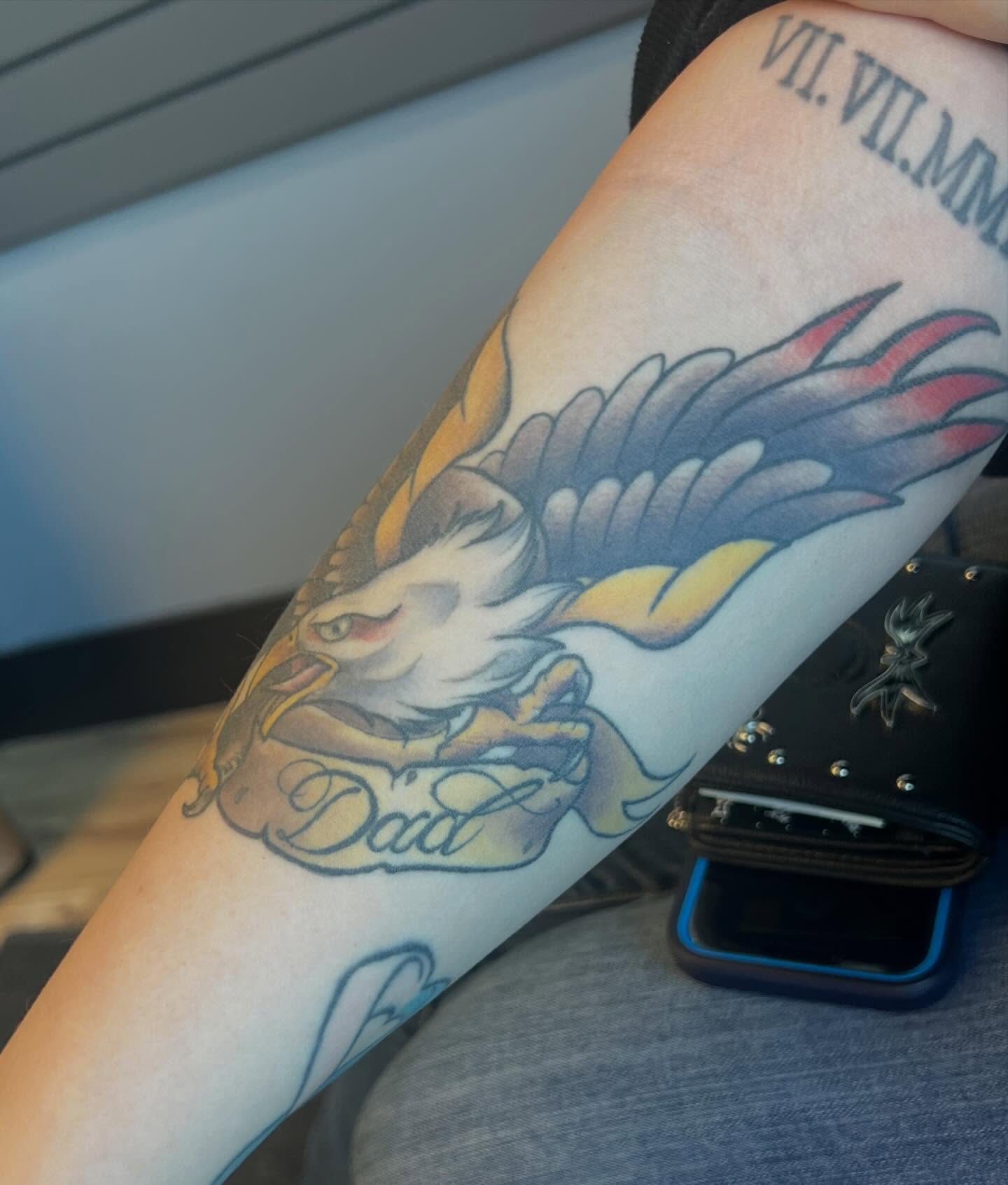 Eagle American traditional tattoo on the forearm by Bailey Goodwin, Ankeny, Iowa