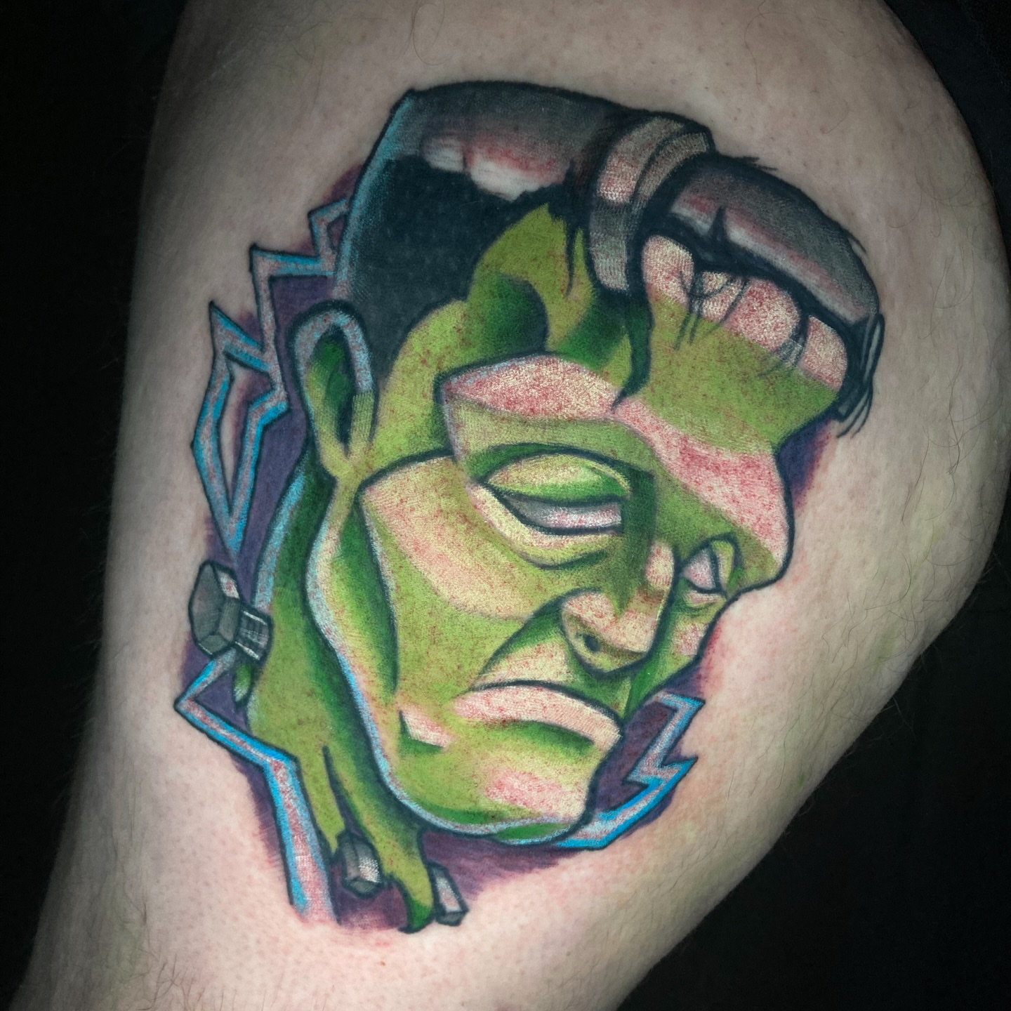 Frankenstein's monster geometric tattoo on the thigh by Eathan Hale-(East TN) Newschool Tattoo Artist