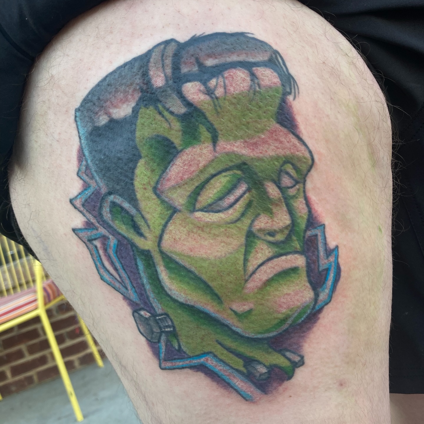 Frankenstein American traditional tattoo on the thigh by Eathan Hale-(East TN) Newschool Tattoo Artist