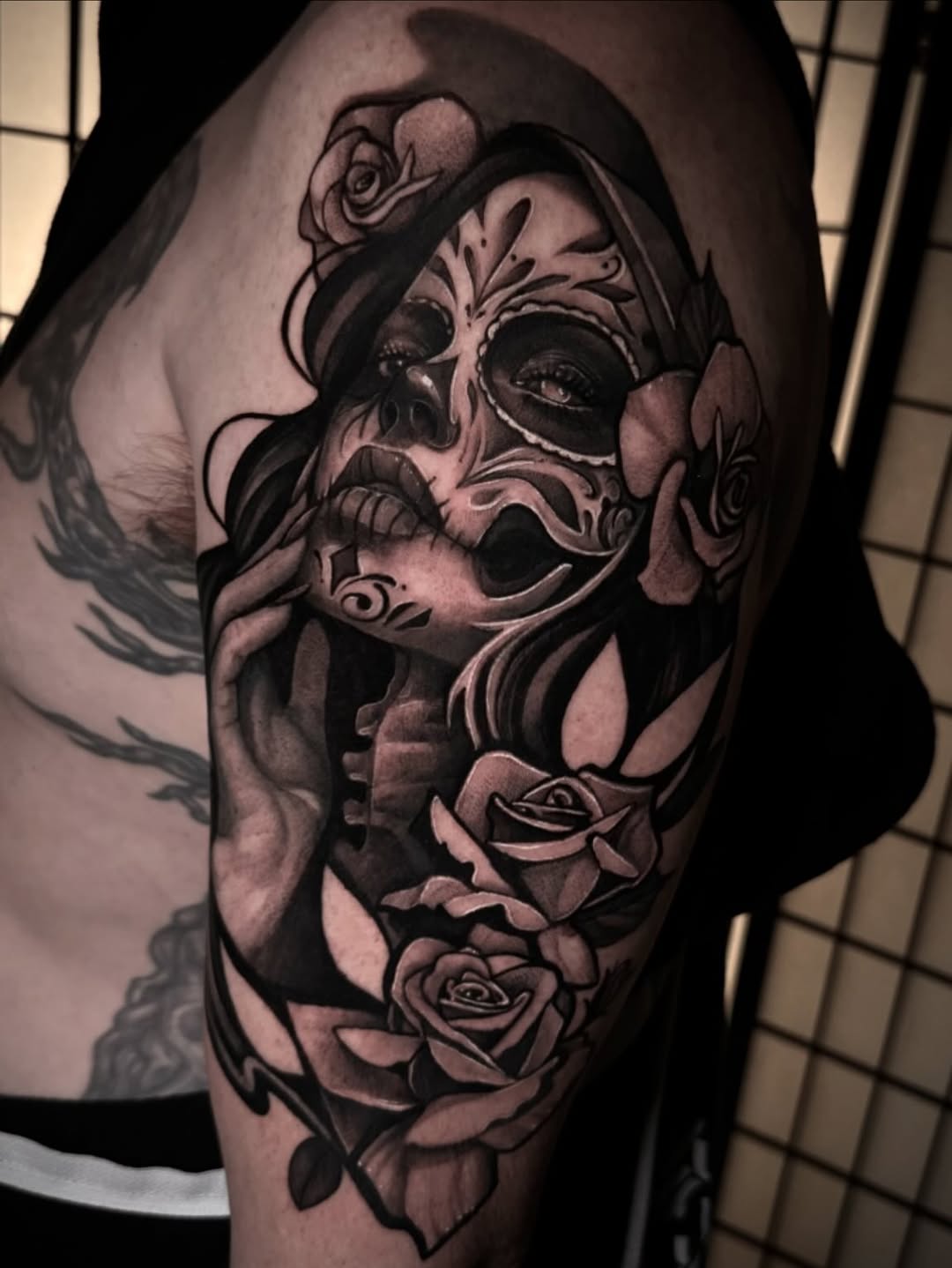 Sugar skull woman with roses realism tattoo on the forearm by Mandi Marie, Charlotte, North Carolina