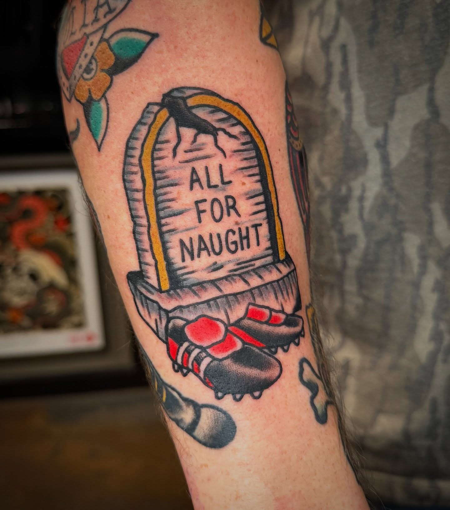 Grave marker American traditional tattoo on the forearm by Christopher Mikesell