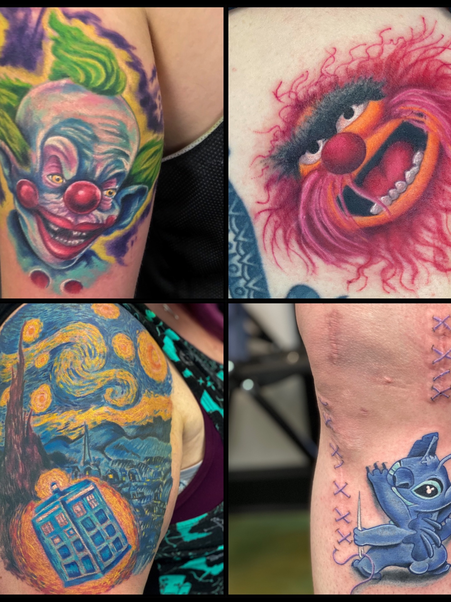 Clown realism tattoo on the upper arm by Loki Shane DeFriece