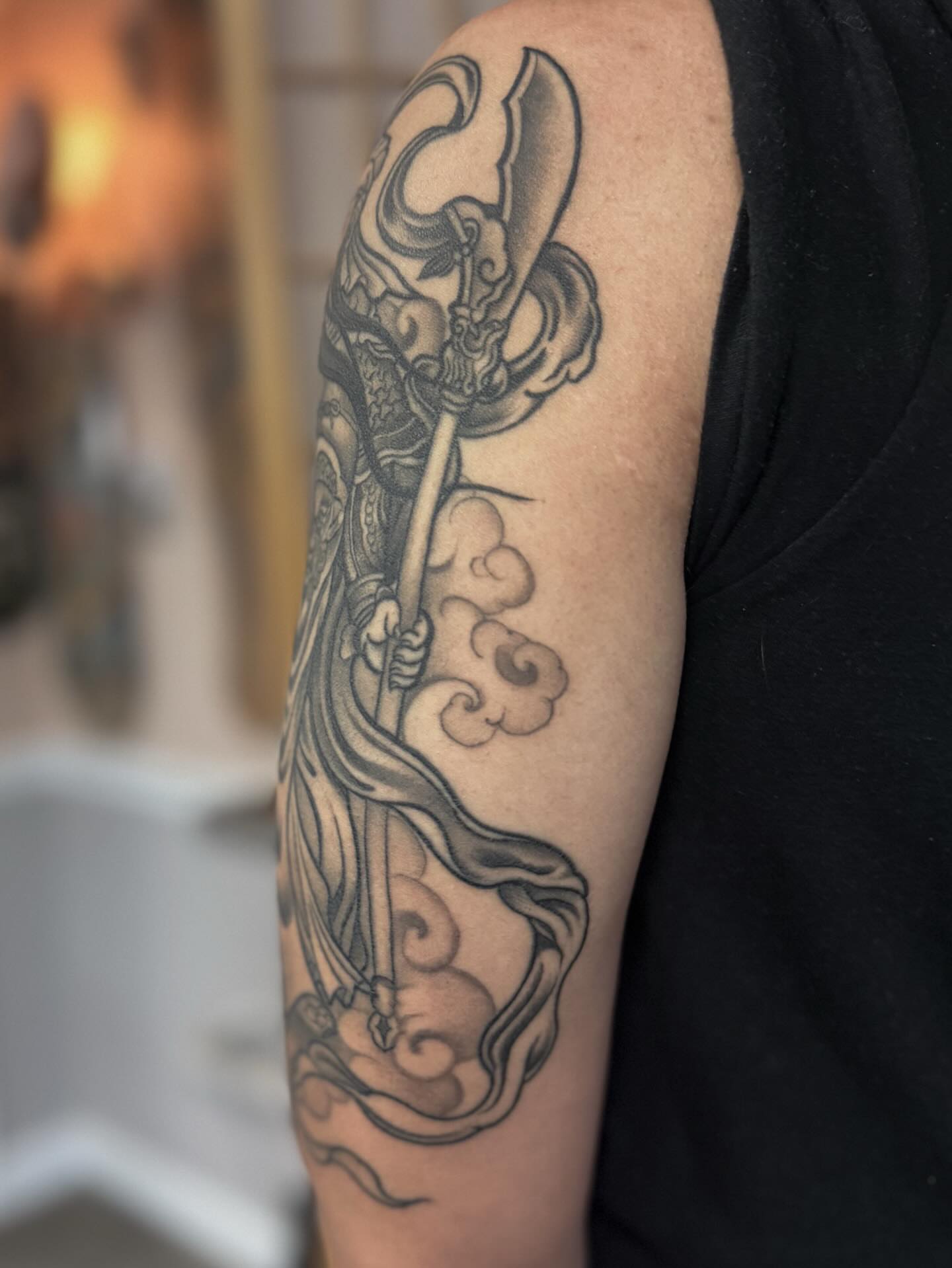 Warrior with spear black and grey tattoo on the forearm by ⚔️ 𝕬𝖓𝖞𝖆 𝖁𝖎𝖈𝖙𝖔𝖗𝖎𝖆 ⚔️, Fairfax, Virginia